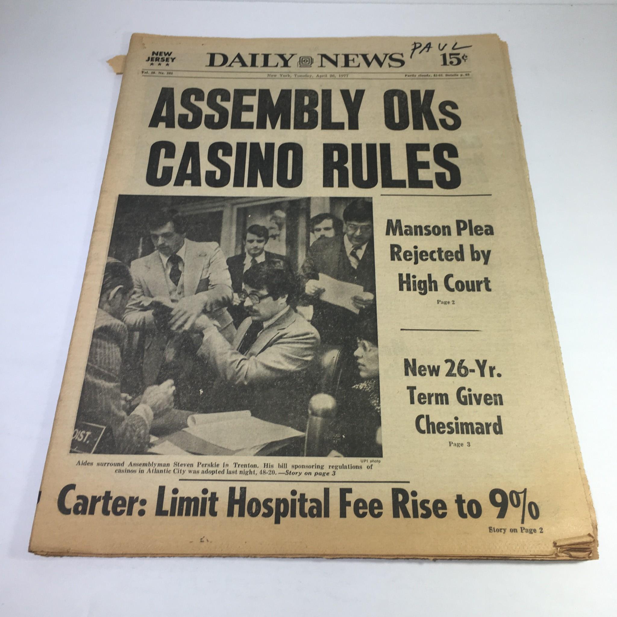 NY Daily News: 4/26/1977 Assembly OKs Casino Rules; Steven Perskle In Trenton