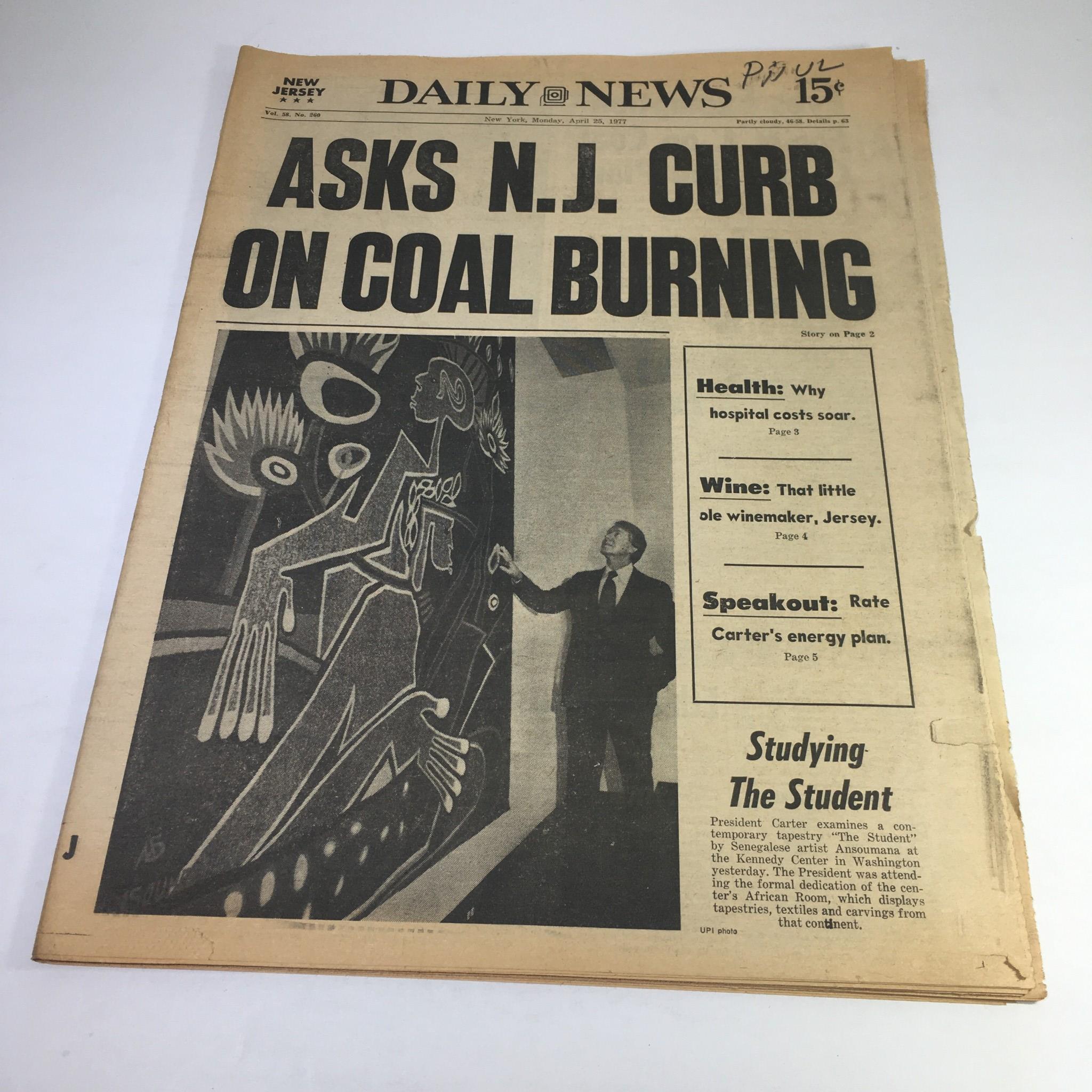 NY Daily News:4/25/77 Asks NJ Curb On Coal Burning;Studying Student Pres Carter