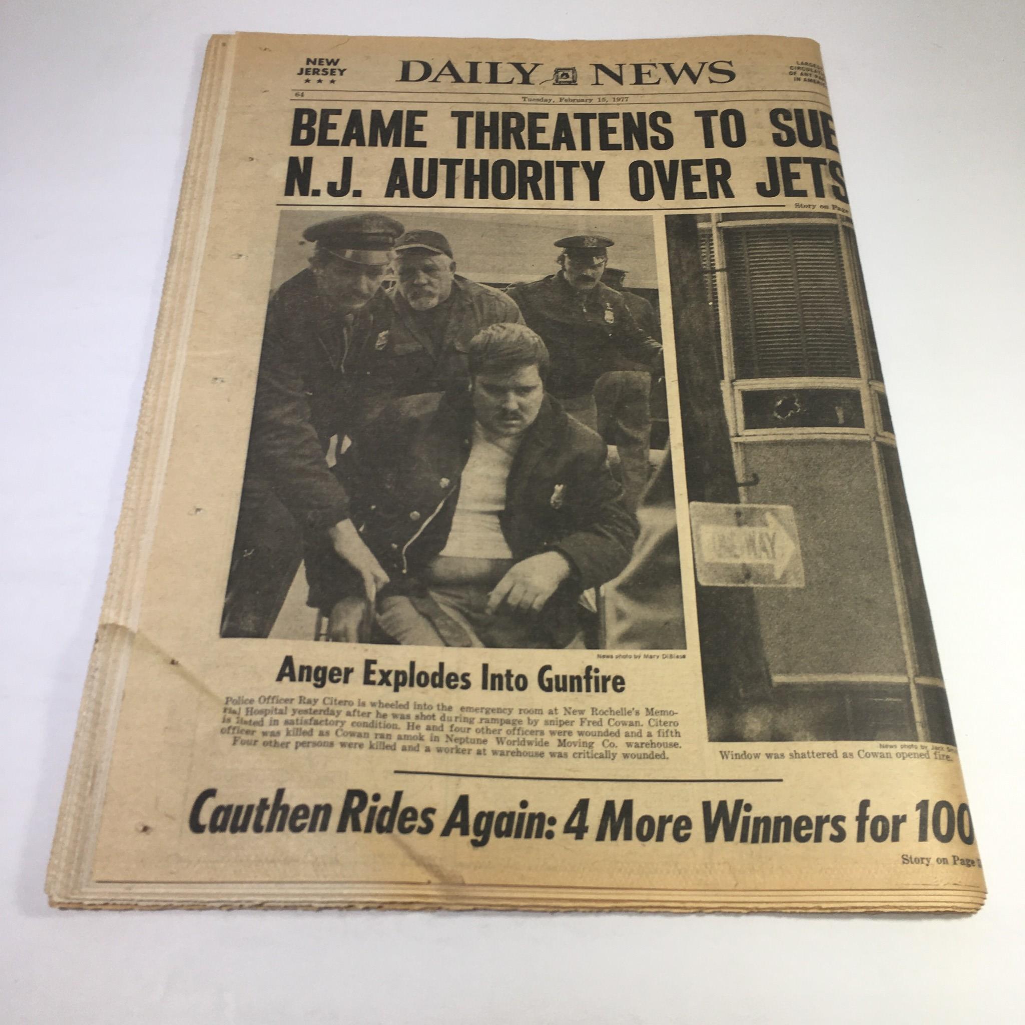 Another NY Daily News article from February 15, 1977, covering a threat to New Jersey authority over Jets, with emphasis on an incident involving police and unrest.