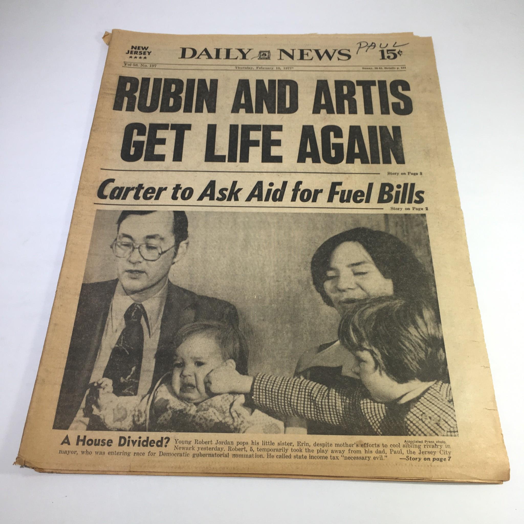 NY Daily News: 2/10/77 Rubin & Artis Get Life Again; Robert Jordan Pops Sister