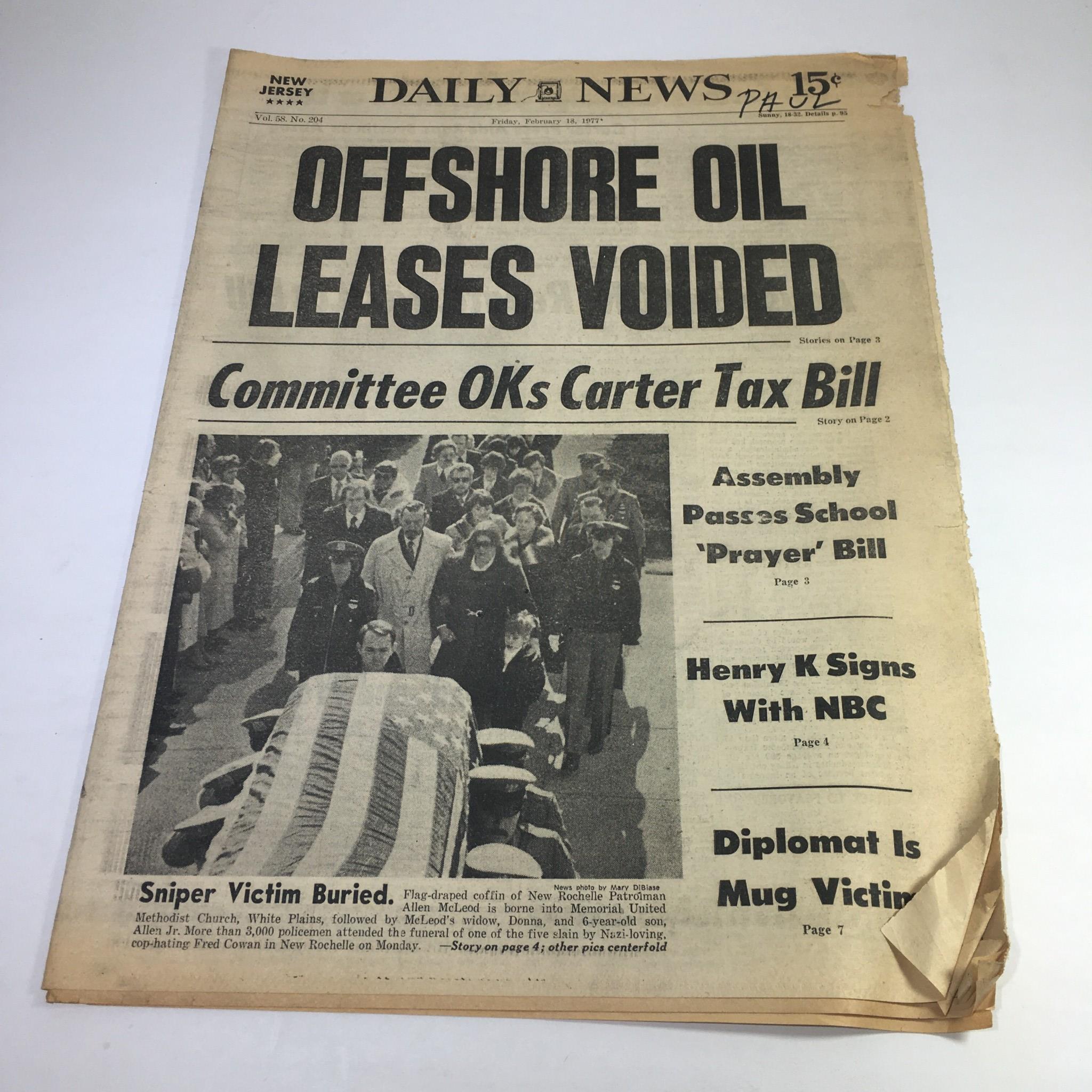 NY Daily News:2/8/77 Offshore Oil Leases Voided; Rochelle Patrolman,Allen McLeod