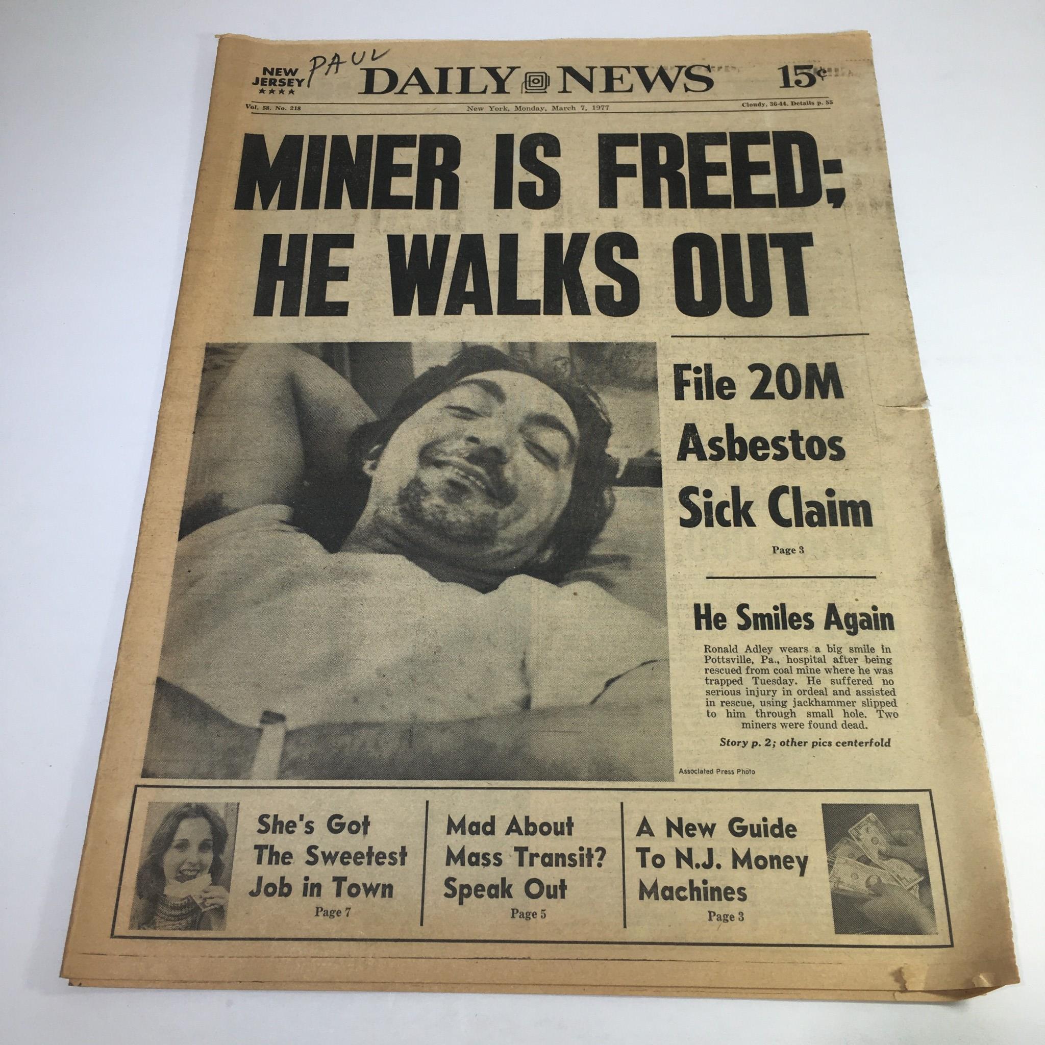 NY Daily News: 3/7/77 Miner Is Freed; He walks out; Ronald Adley