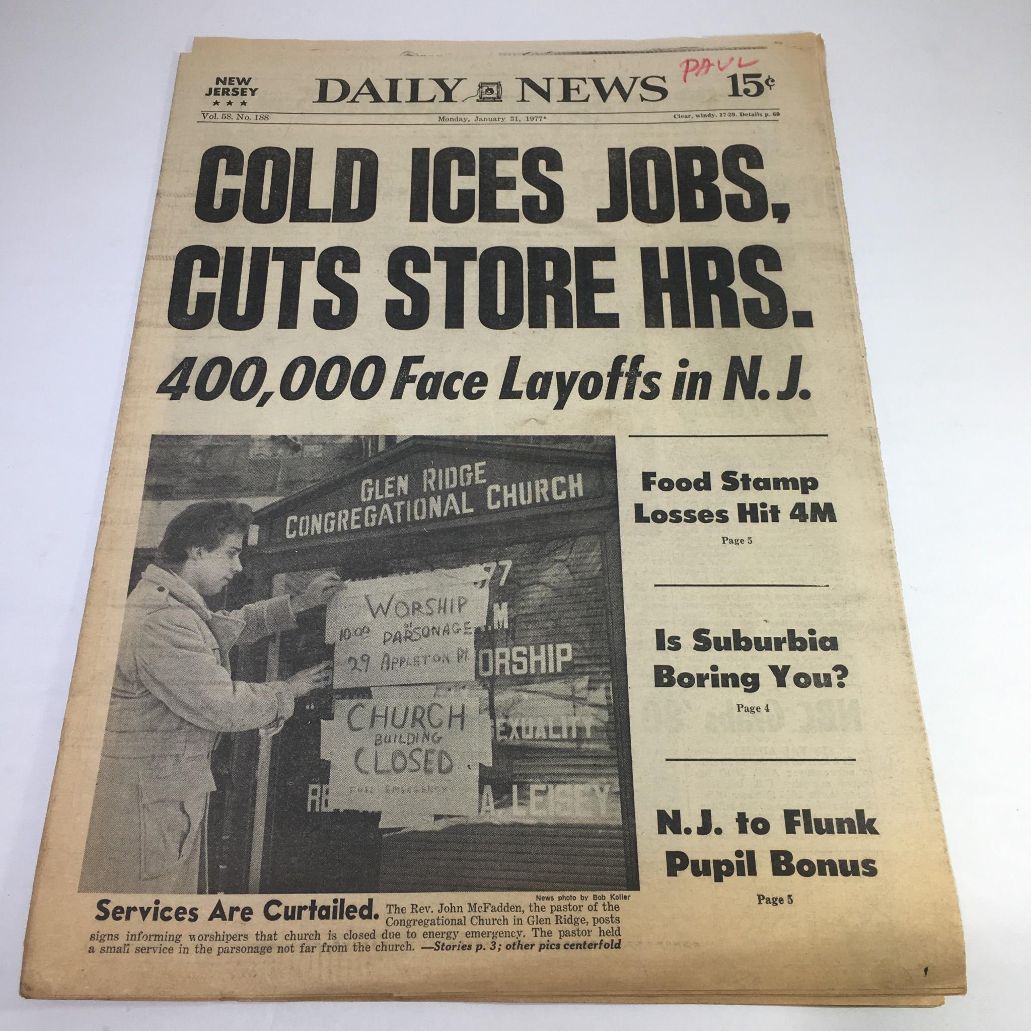 NY Daily News:Jan 31 1977 Cold Ices Jobs, Cuts Store Hrs; The Rev. John McFadden