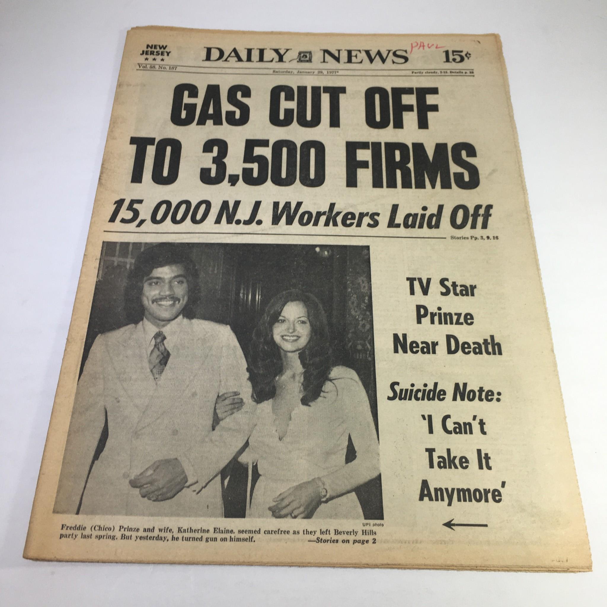 NY Daily News:1/29/77 Gas Cut Off 2 3500 Firms Freddie Prinze & Katherine Elaine