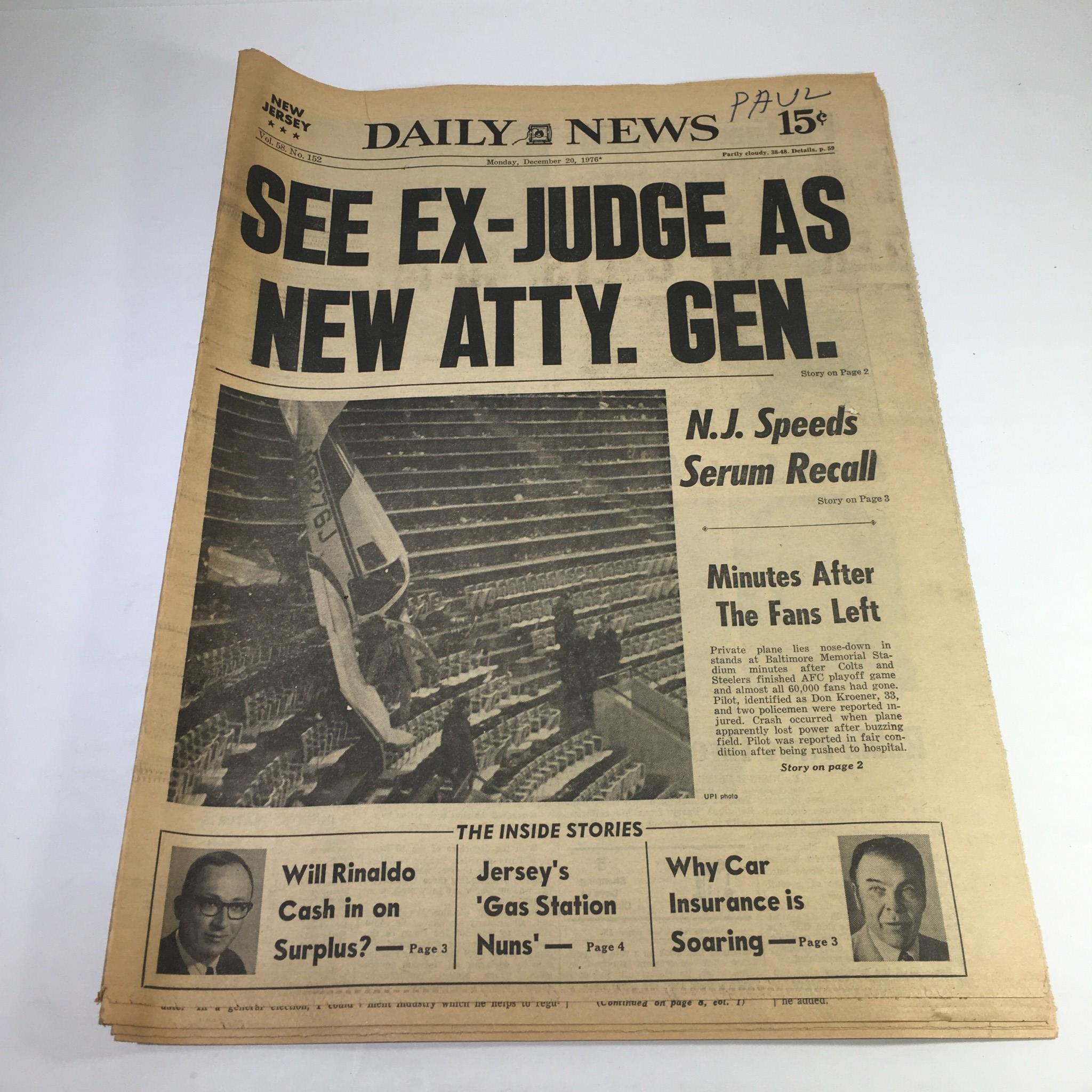 NY Daily News:12/20/76 s New Atty. Gen;Private Plan Lies Nose Down