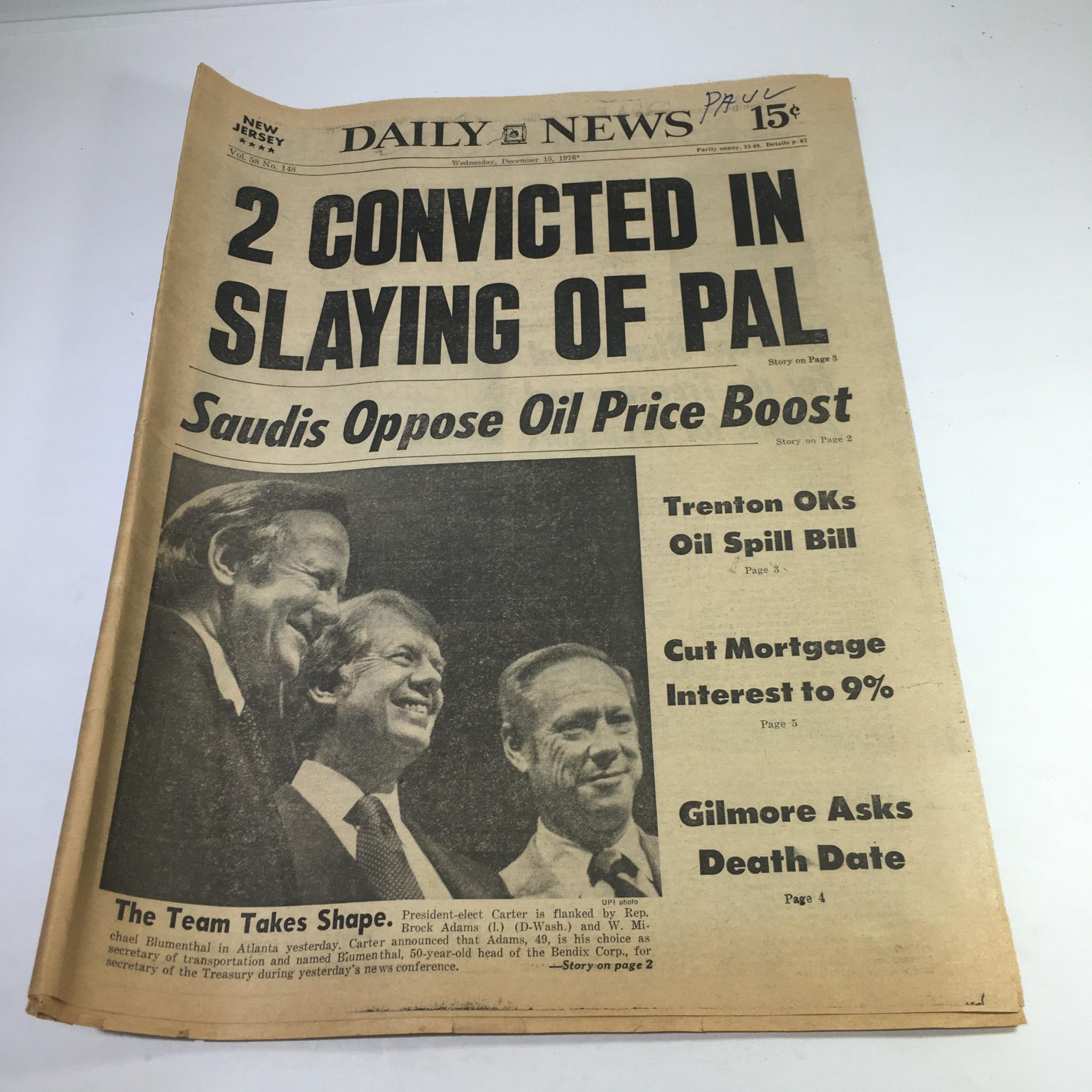 NY Daily News:12/15/76 2 Convicted In Slaying Of Pal; Carter Flanked Blumenthal