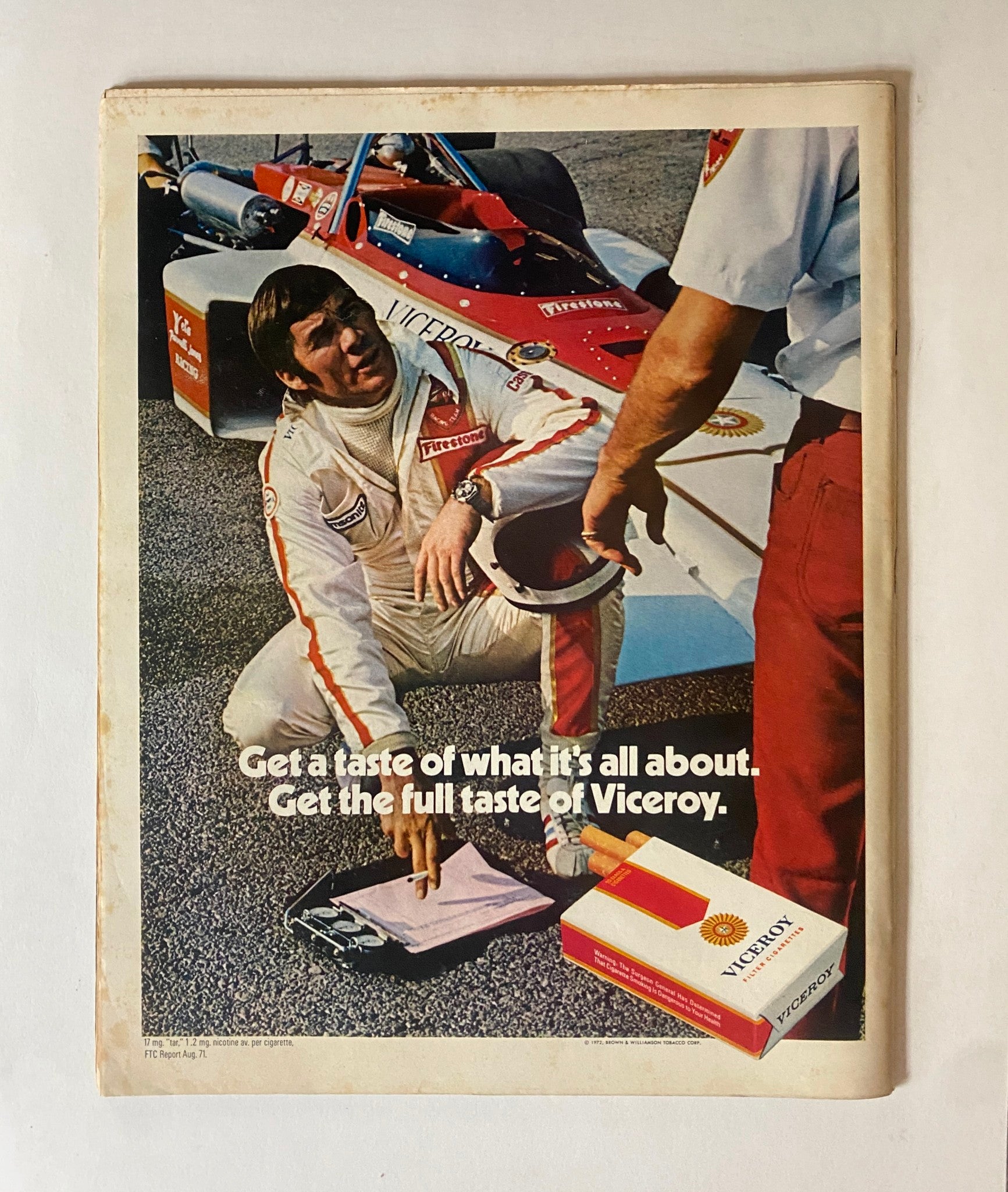 Back cover advertisement of VTG Life Magazine May 26, 1972, showcasing a Viceroy cigarette ad with a race car driver, emphasizing the vintage marketing style.
