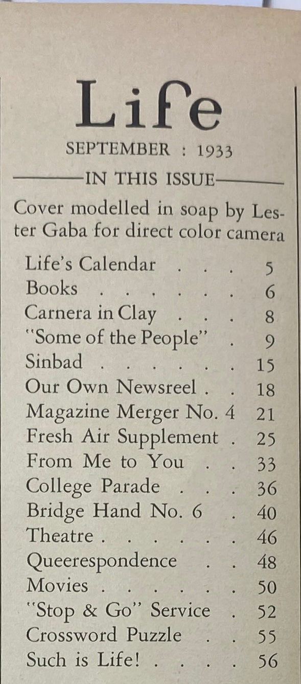 Table of contents for VTG Life Magazine September 1933, listing articles including 'Life's Calendar,' 'Camera in Clay,' and more.