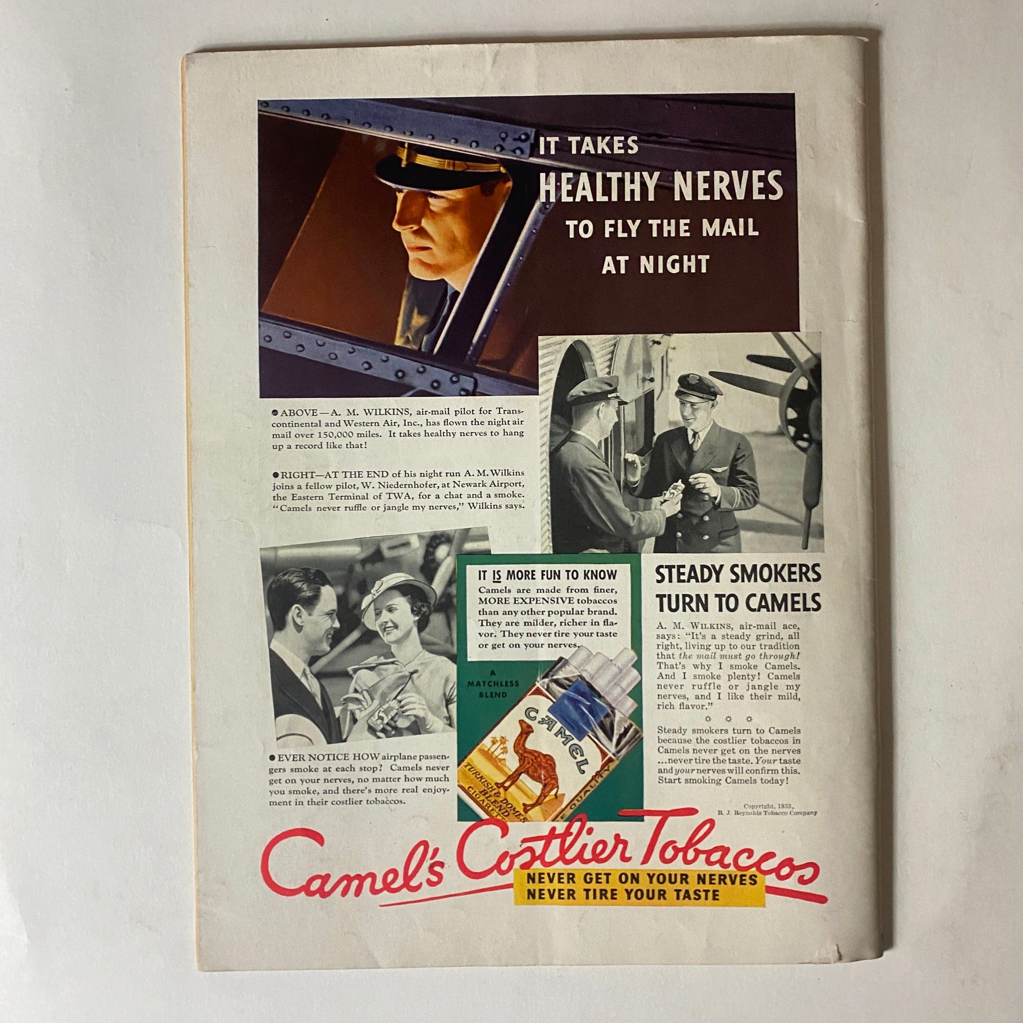 Back cover of the VTG Life Magazine September 1933 featuring an advertisement for Camel cigarettes, emphasizing the importance of healthy nerves for pilots.