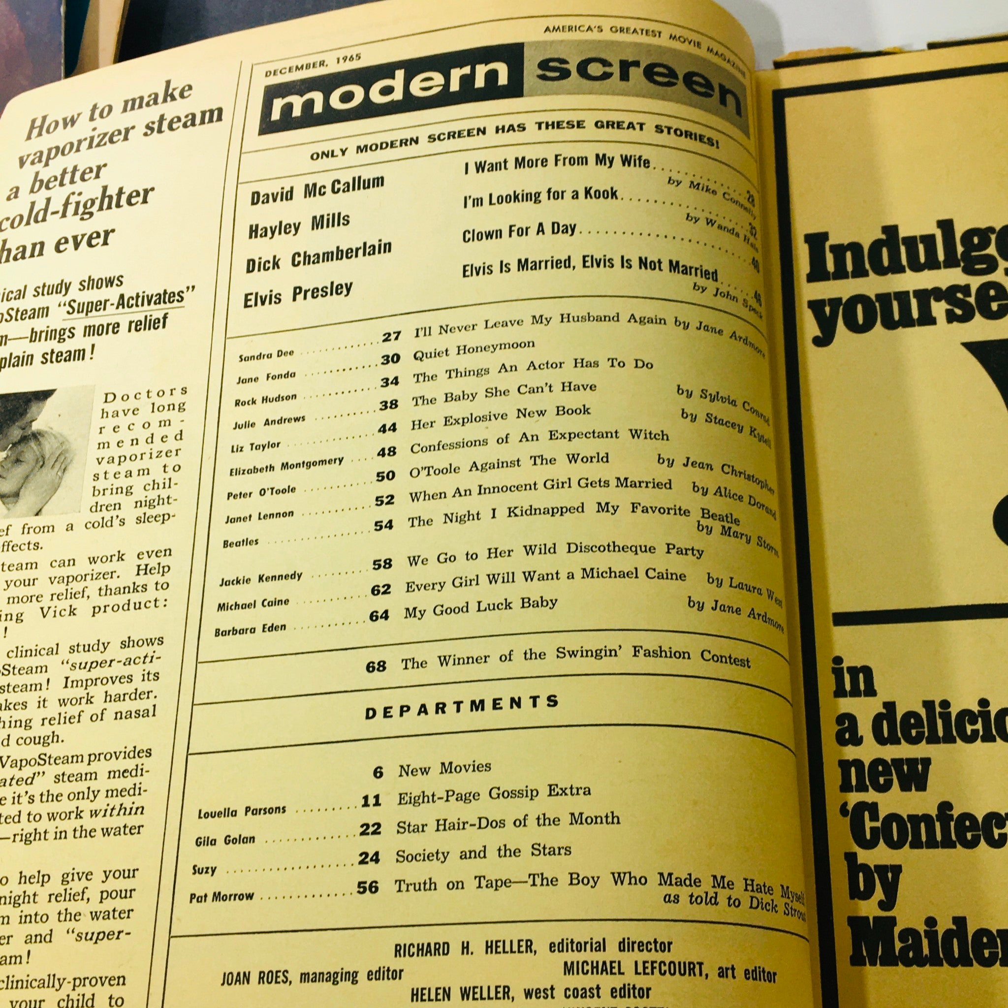 Inside page of VTG Modern Screen Magazine December 1965 displaying the table of contents and headlines of popular stories from that issue.