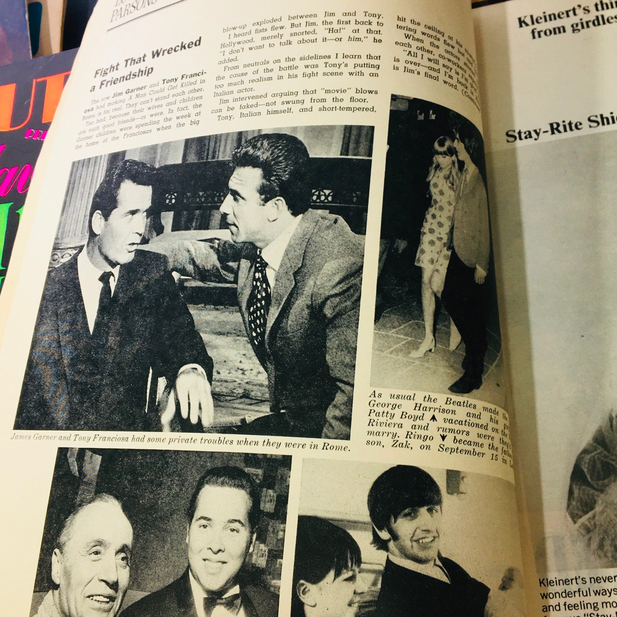 Editorial page from VTG Modern Screen Magazine December 1965 featuring a photo of James Garner and Tony Franciosa discussing a friendship dispute, showcasing celebrity culture of the time.