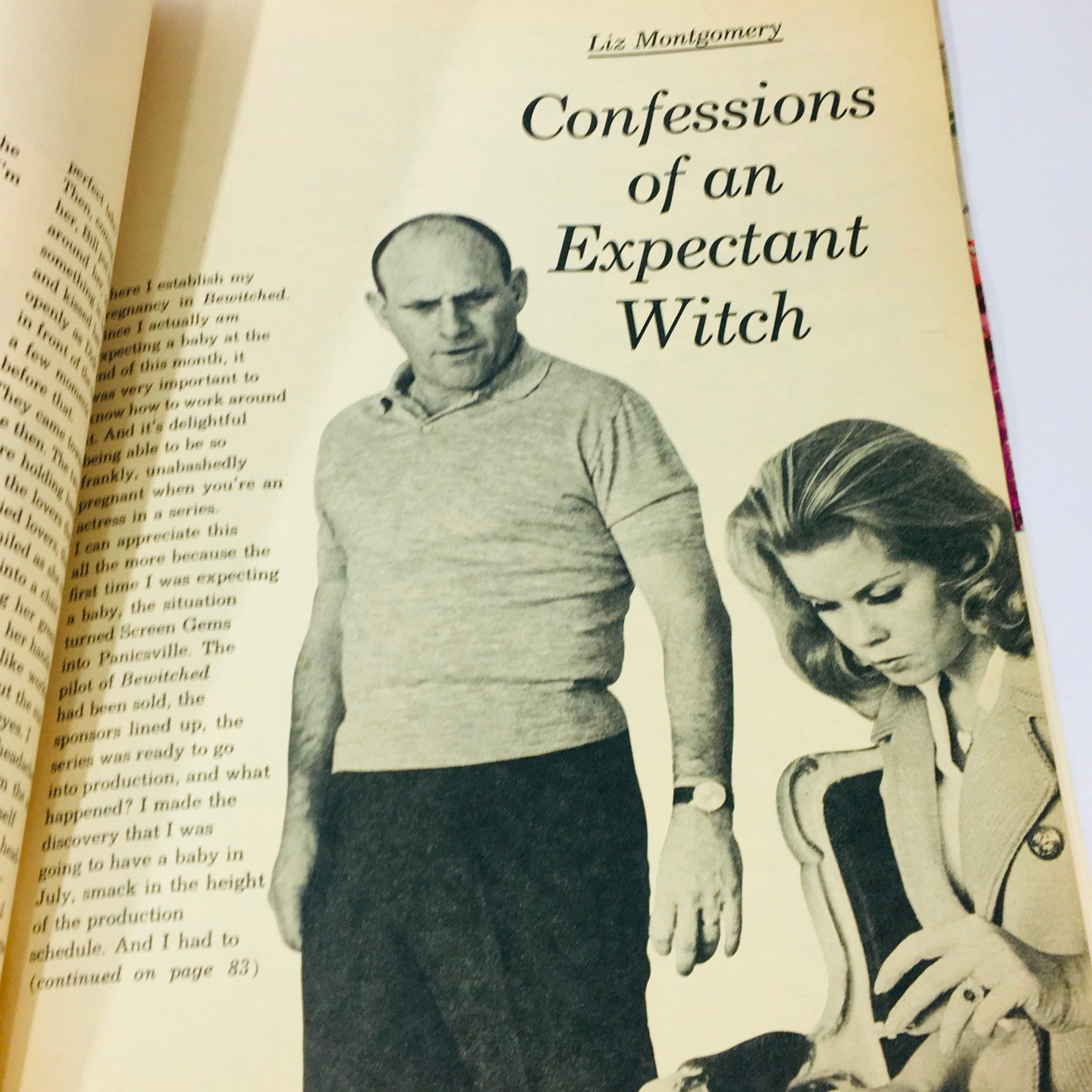 Page titled 'Confessions of an Expectant Witch' from VTG Modern Screen Magazine December 1965 featuring Liz Montgomery, focused on entertainment history.