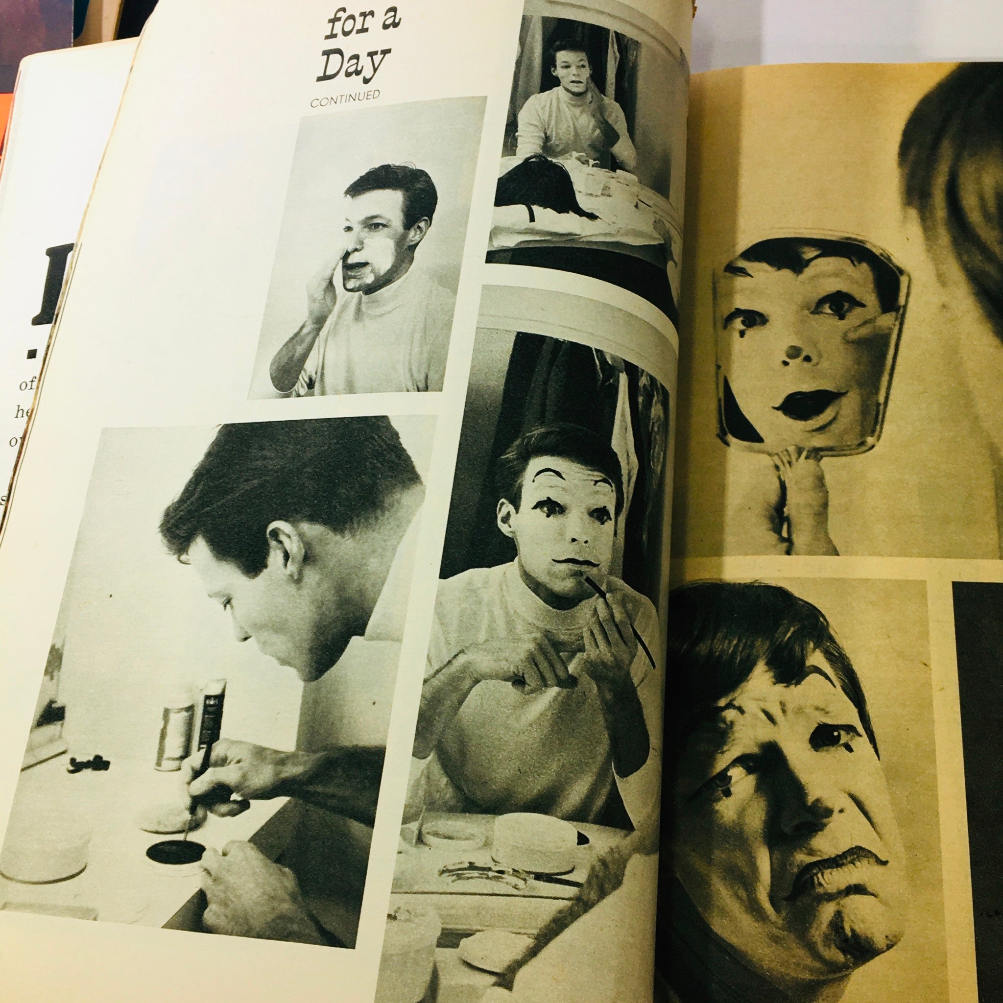 VTG Modern Screen Magazine December 1965 featuring a page about a makeup transformation, showcasing a man applying makeup with dramatic expressions. This issue includes stars like Julie Andrews and James Garner.