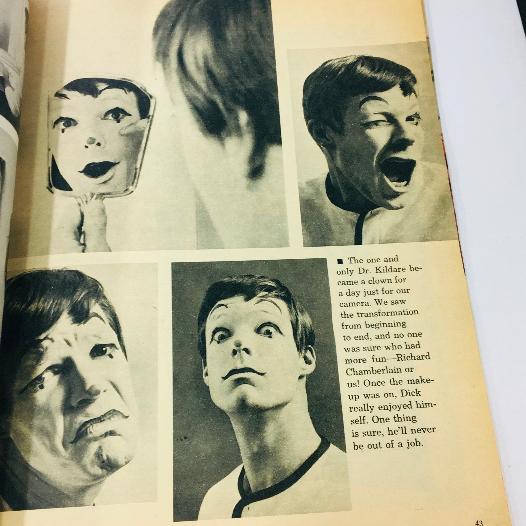 VTG Modern Screen Magazine December 1965 displaying a makeup transformation sequence with a clown theme, highlighting a man's playful expressions. This nostalgic magazine showcases classic Hollywood stars.