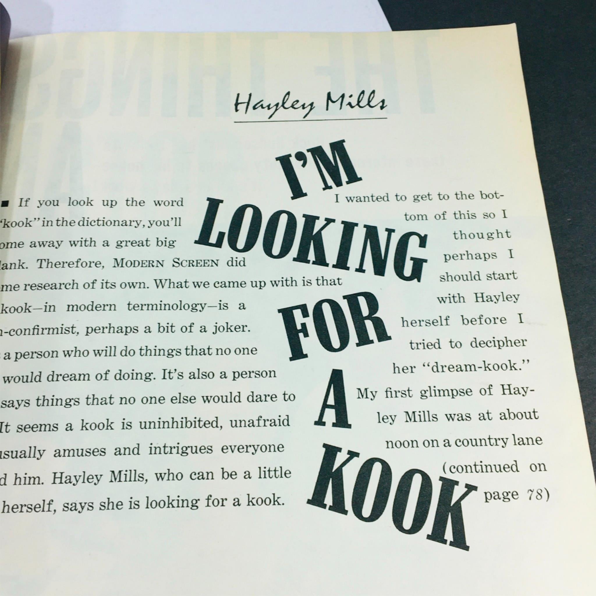 Article page from VTG Modern Screen Magazine December 1965 by Hayley Mills titled 'I’m Looking for a Kook', showcasing classic magazine style and typography.