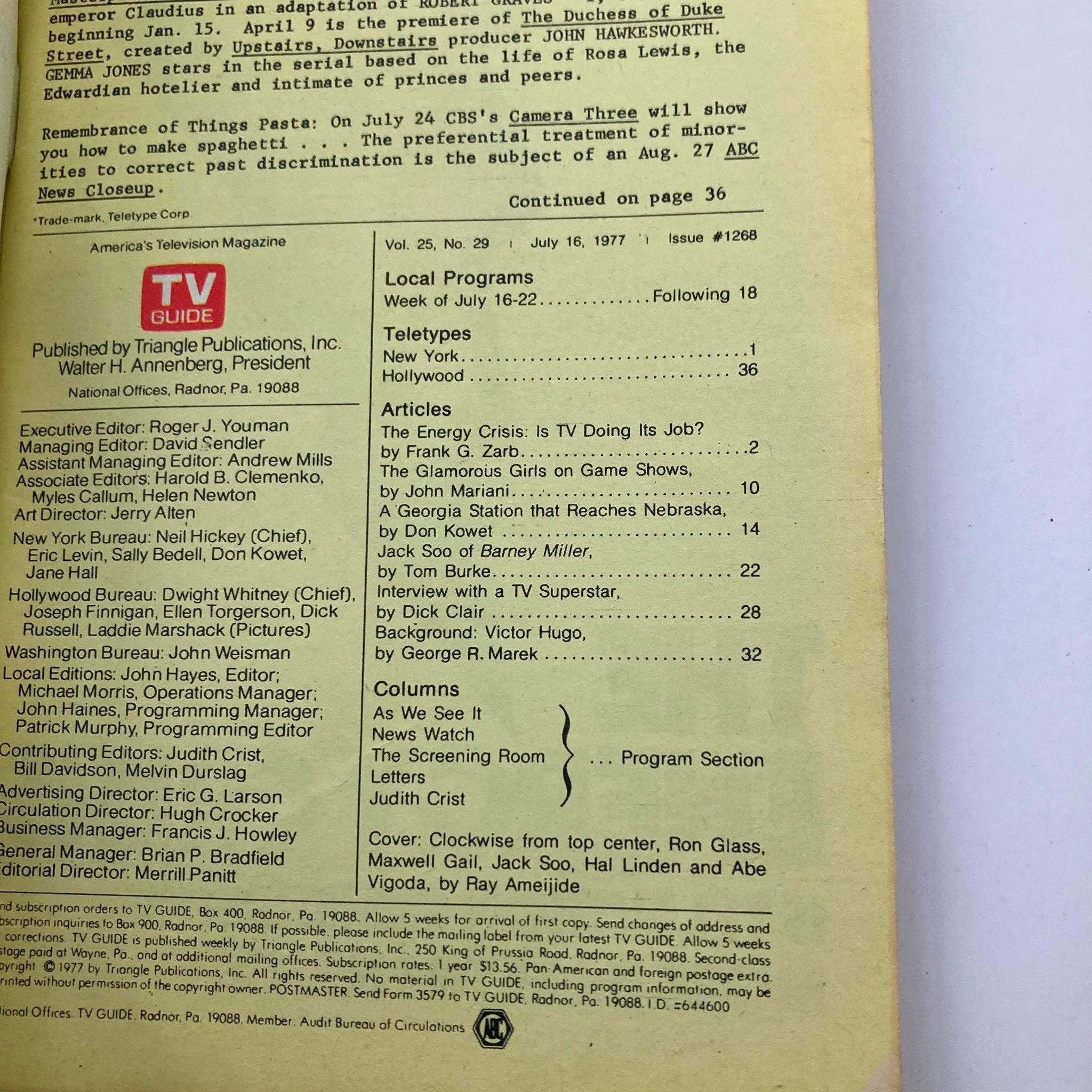Back cover of TV Guide Magazine from July 16, 1977, featuring articles, local programs, and a list of contributors. This issue is number 1268 and includes the title 'TV Guide Magazine July 16 1977 #1268 Barney Miller Cast New Hampshire Ed.'