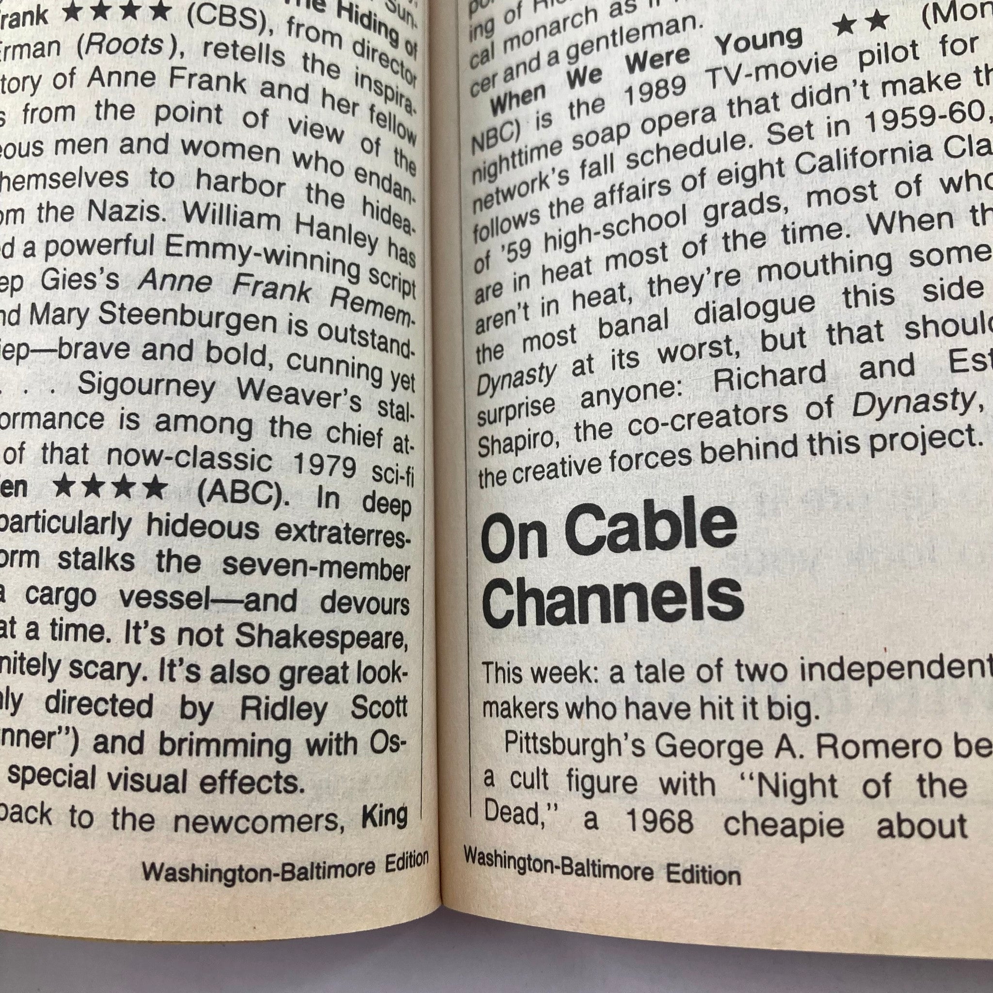 Inside page of TV Guide Magazine July 15, 1989, discussing cable channels and featuring descriptions of TV shows, including a mention of Sigourney Weaver's performance in 'Anne Frank Remembered'.