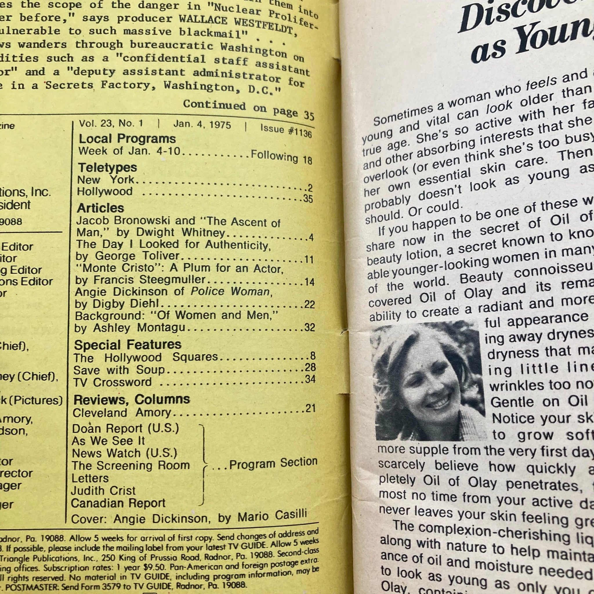 Inside page of TV Guide Magazine January 4 1975, displaying the table of contents that includes an article on Angie Dickinson and other program listings for the week.