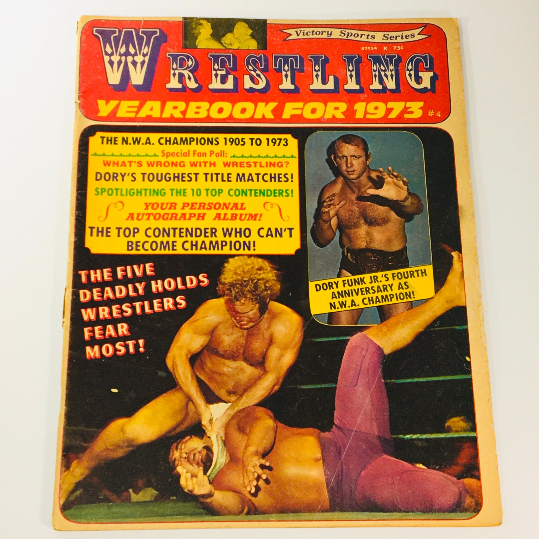 VTG Wrestling Yearbook Magazine 1975 #4 featuring Dory Funk Jr. with striking cover art showcasing wrestling title matches.