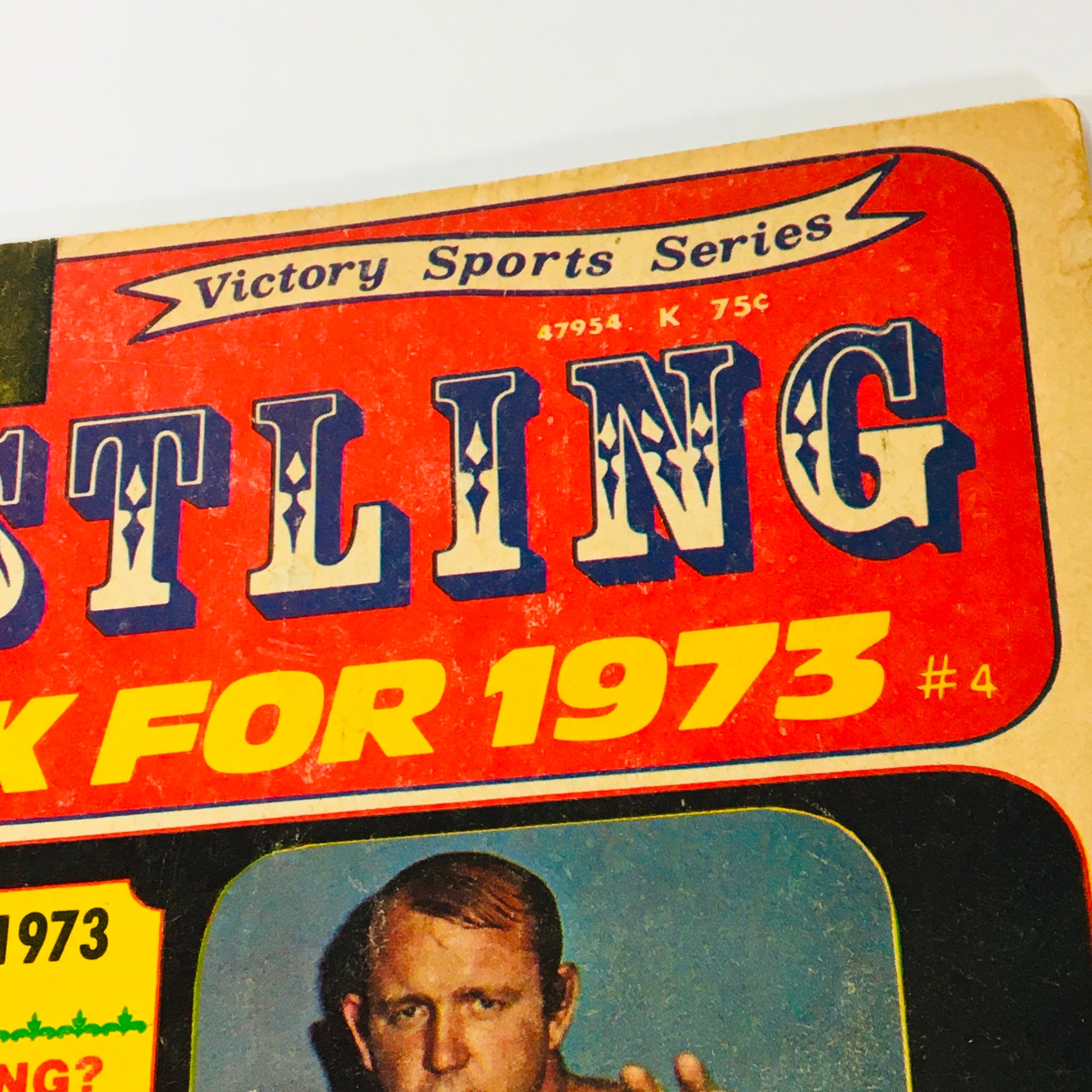 Close-up view of the VTG Wrestling Yearbook Magazine 1975 #4 title, highlighting Dory Funk Jr. prominently in the magazine design.