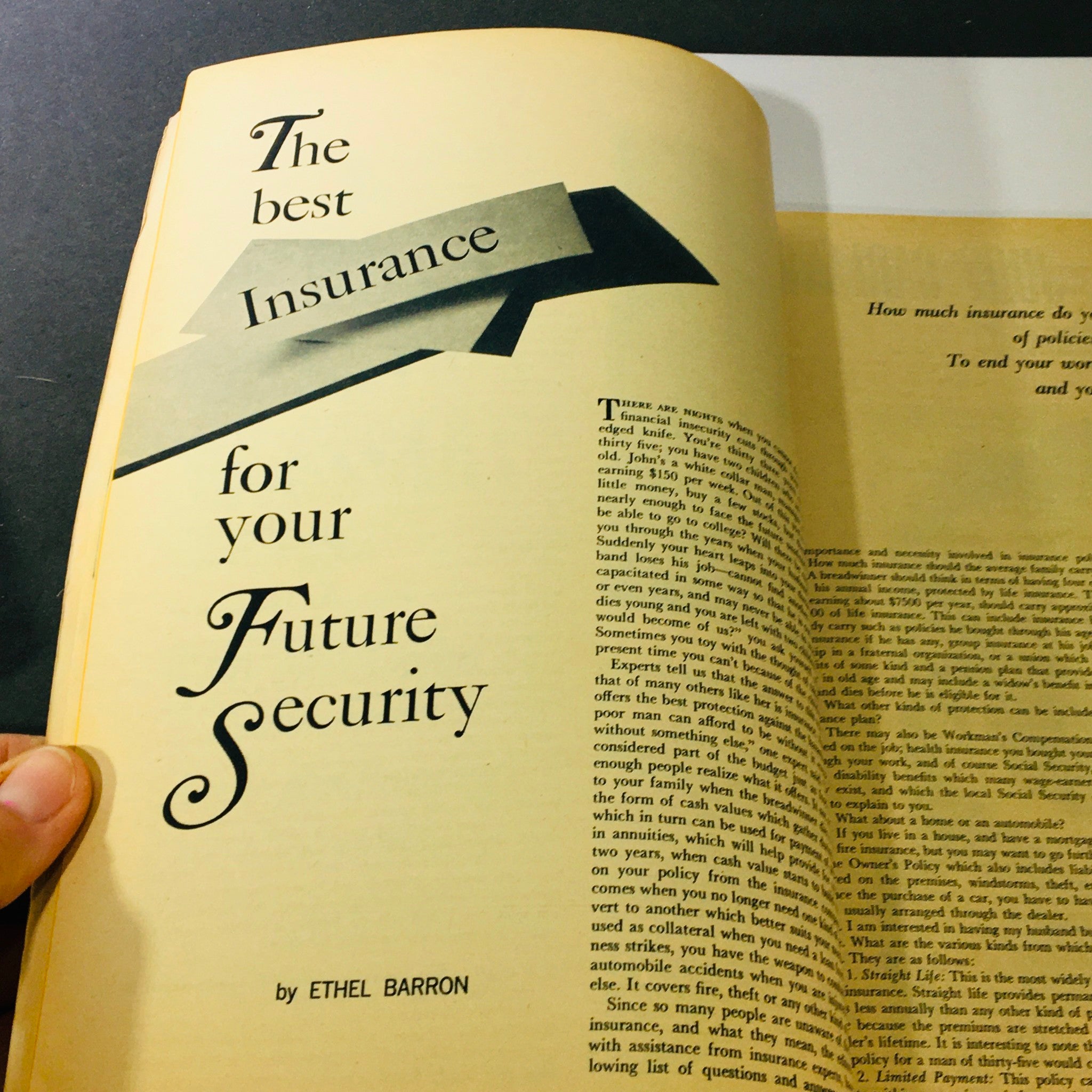 Inside page from VTG Lady's Circle The Friendship for Homemakers March 1965 magazine featuring an article titled 'The best Insurance for your Future Security' by Ethel Barron discussing financial advice.