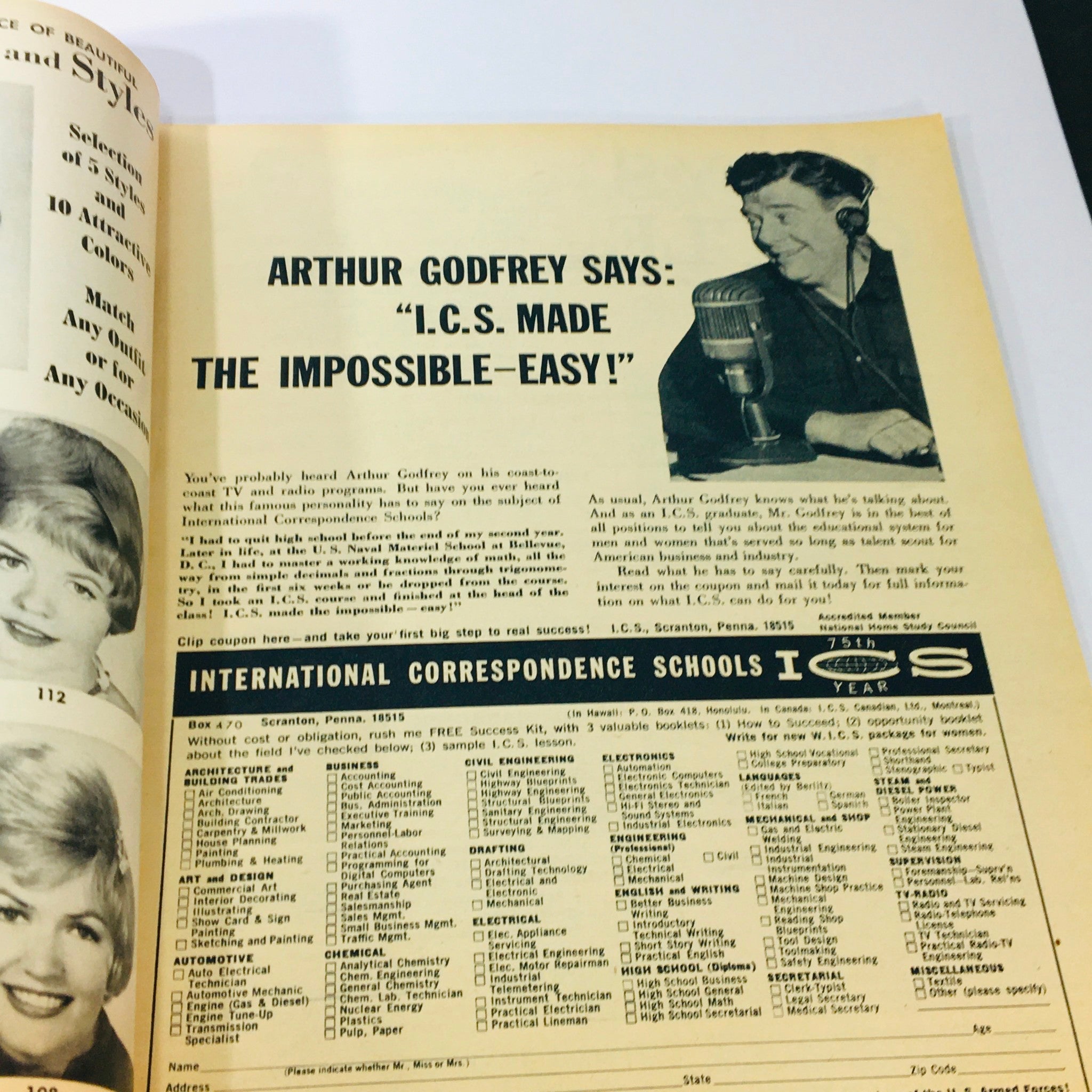 Advertisement page in VTG Lady's Circle The Friendship for Homemakers March 1965 magazine featuring Arthur Godfrey promoting the International Correspondence Schools, emphasizing educational opportunities.