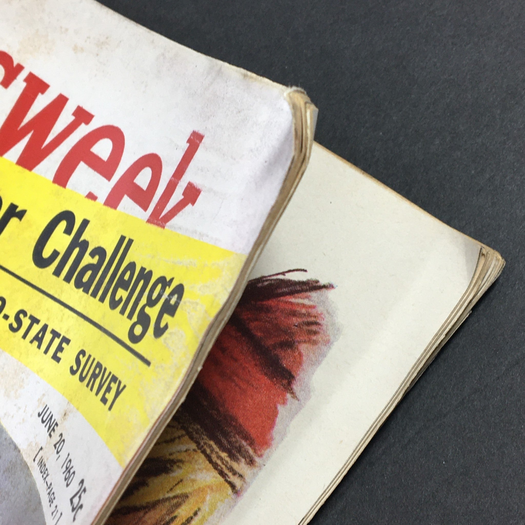 Close-up of the vintage Newsweek magazine dated June 20, 1960 featuring Governor Nelson Rockefeller, showing the worn cover with visible creases and markings.
