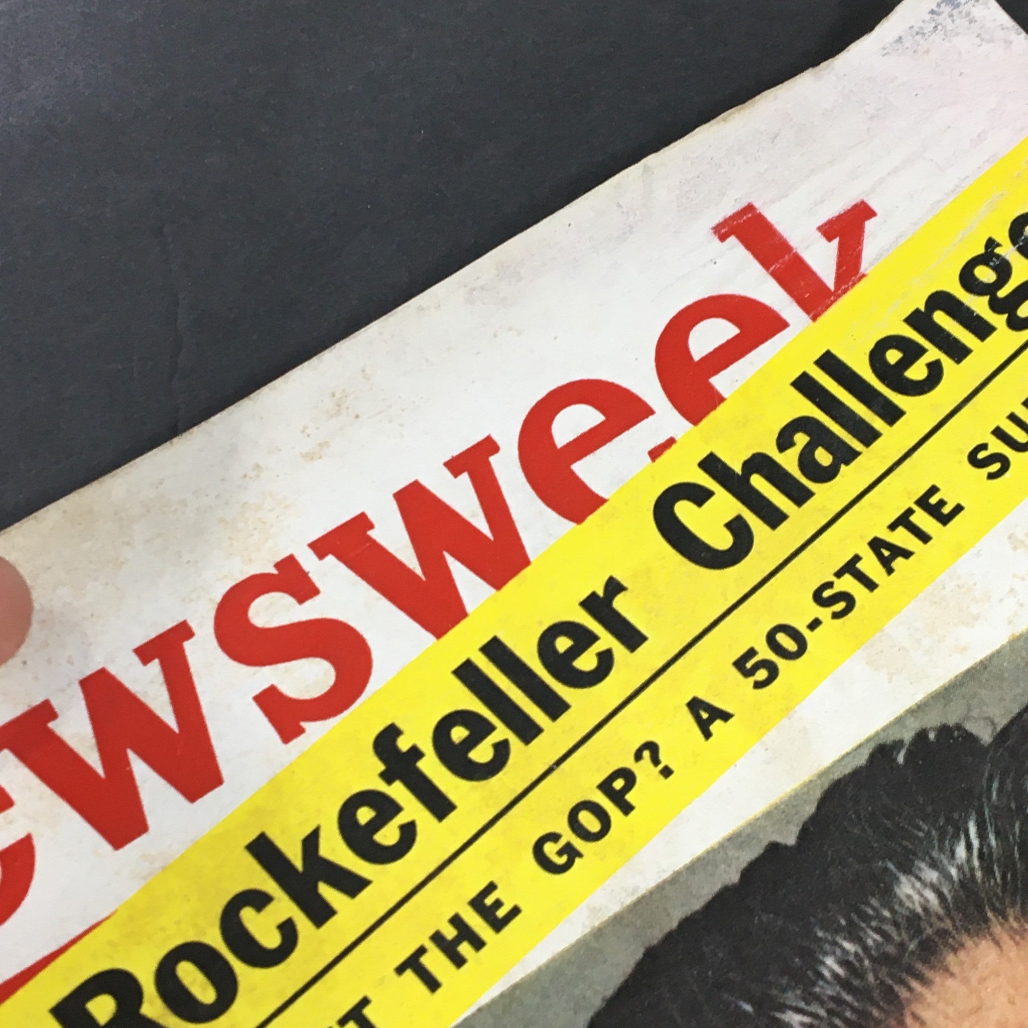 Detailed view of the vintage Newsweek magazine from June 20, 1960, highlighting the title and a promotional section about the Rockefeller Challenge.