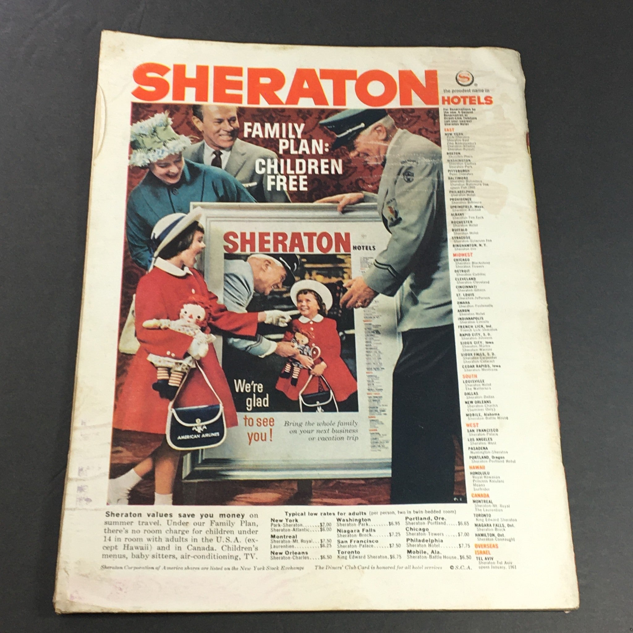 Back cover of the vintage Newsweek magazine June 20, 1960, displaying an advertisement for Sheraton Hotels with a family-friendly theme.