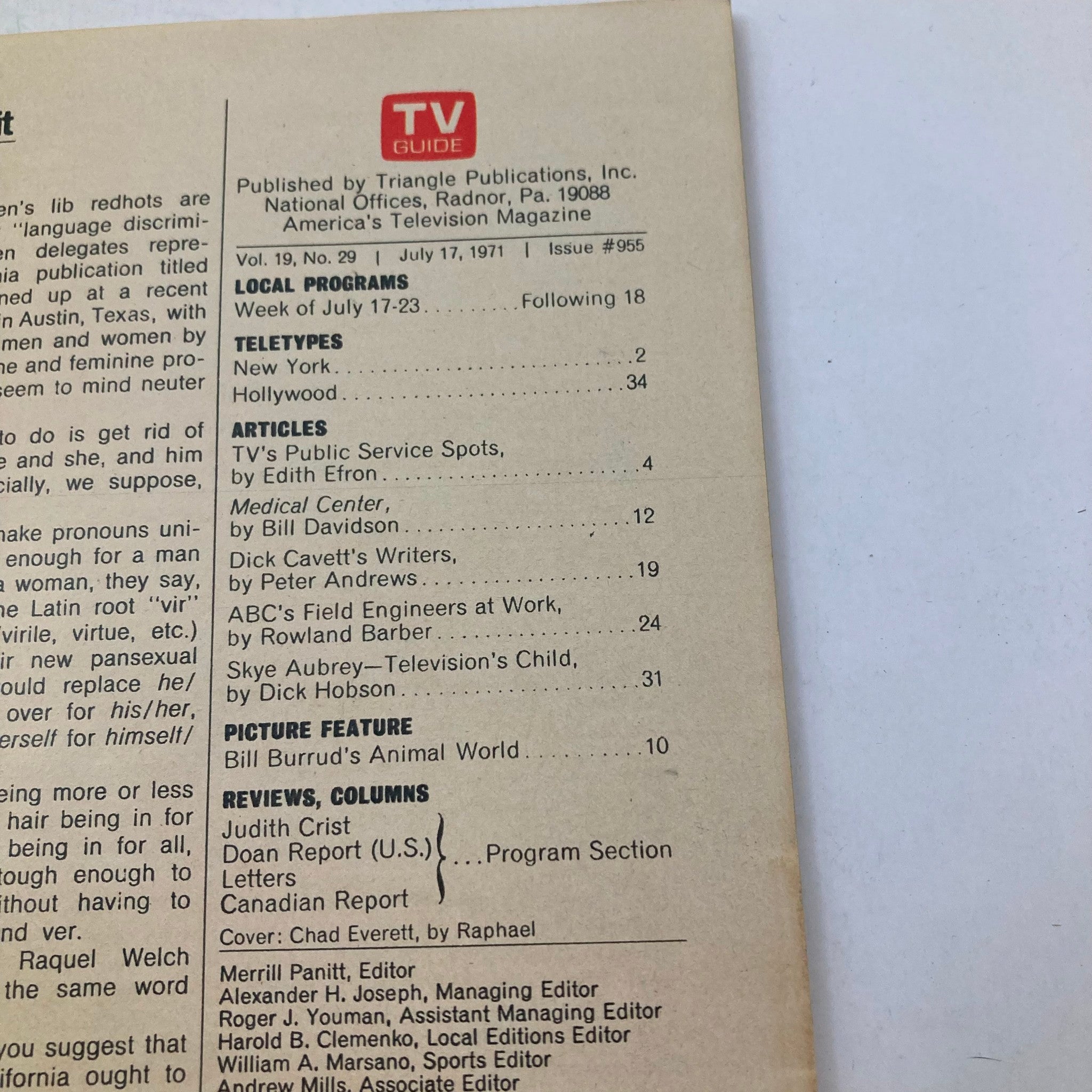 Interior page of TV Guide Magazine July 17 1971 Issue #955, detailing local programs and articles including TV's Public Service Spots.