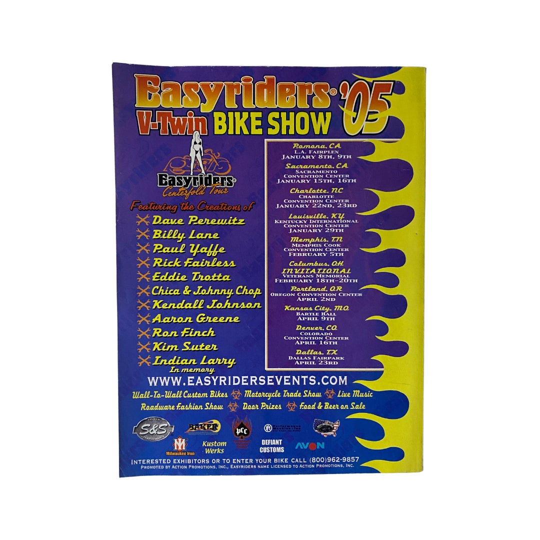 Back cover of Easyriders Magazine April 2005, Issue #382 promoting the '05 V-twin Bike Show with event details and a colorful design.