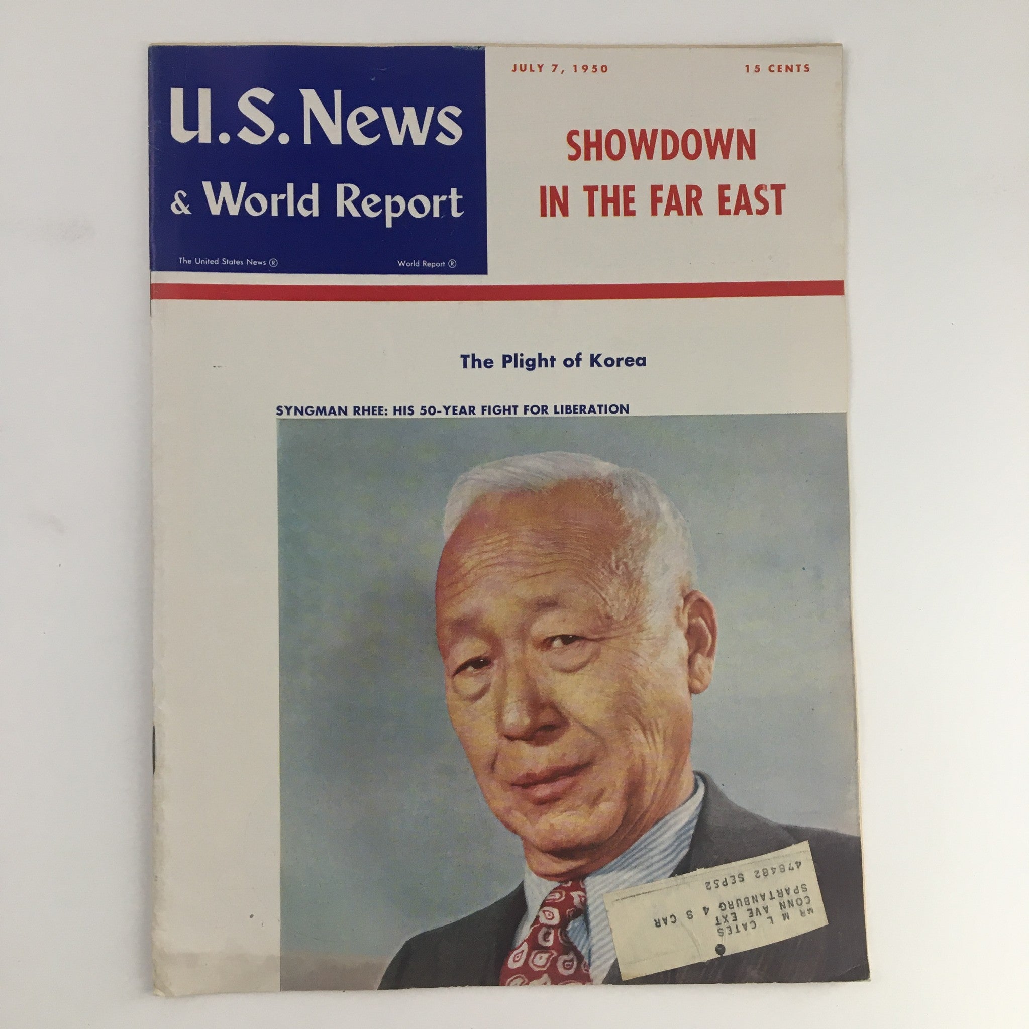 Vintage U.S. News & World Report magazine from July 7, 1950, featuring Syngman Rhee on the cover, highlighting the Plight of Korea.