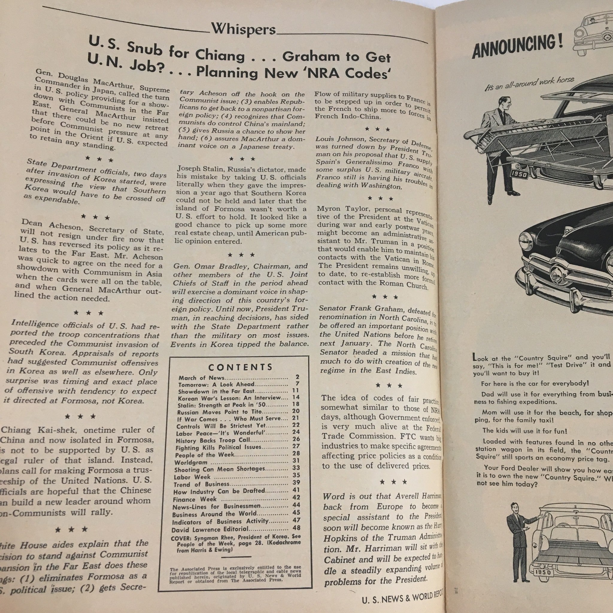 Interior page of the U.S. News & World Report magazine from July 7, 1950, discussing U.S. policy in Asia, including content about Chiangs, UN Jobs, and military supplies.