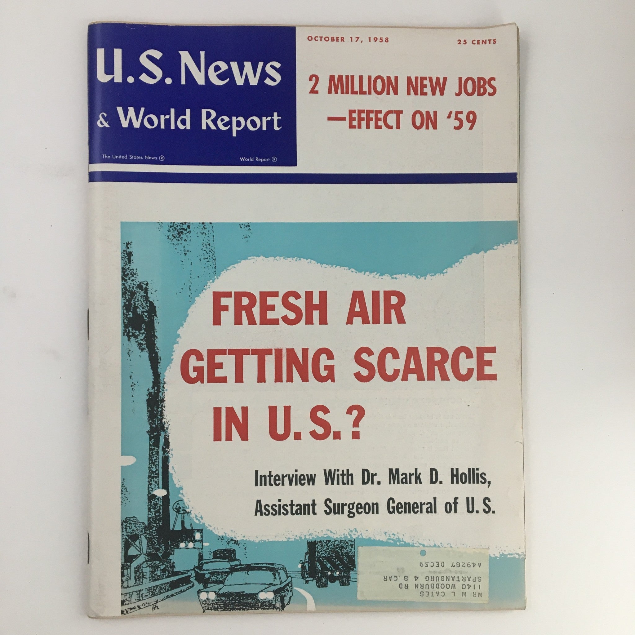Cover of VTG U.S. News & World Report from October 17, 1958, featuring the headline 'Fresh Air Getting Scarce in U.S.?'. The magazine includes a discussion on environmental issues with an interview of Dr. Mark D. Hollis, Assistant Surgeon General of the U.S., and highlights two million new jobs affecting the economy in 1959.