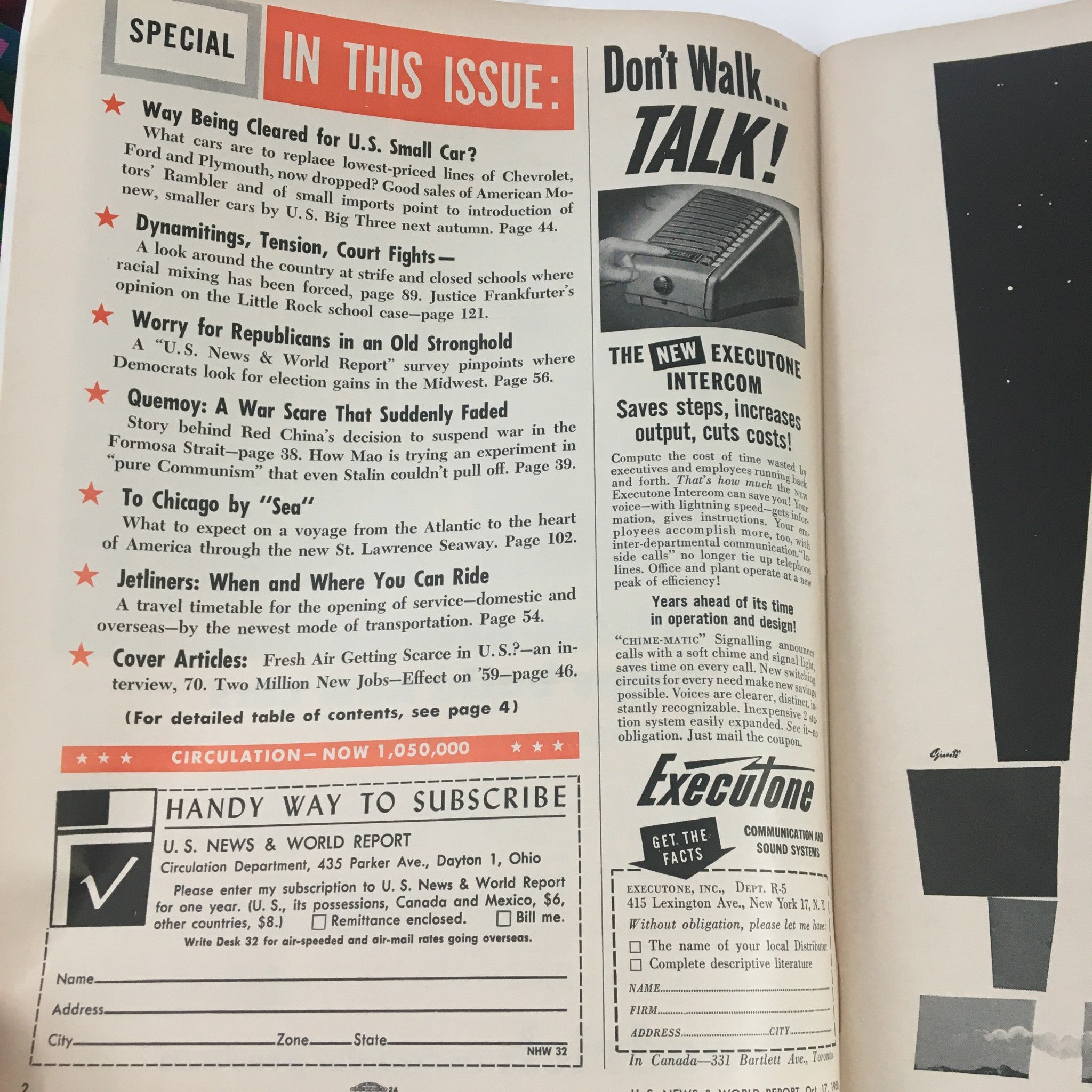 Vintage U.S. News & World Report magazine page from October 17, 1958, featuring articles on U.S. Small Car development, civil rights issues, and international relations. The page includes advertisements and subscription details.
