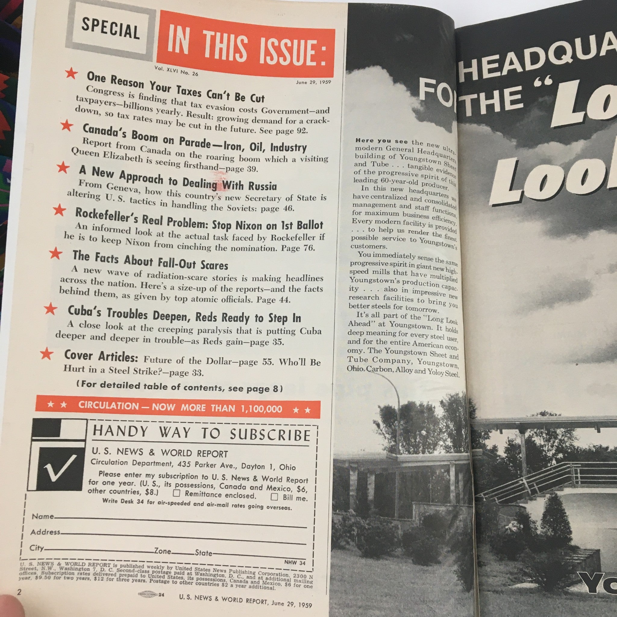 Inside page of U.S. News & World Report from June 29, 1959, showcasing contents of the magazine including articles on economic topics, including the future of the dollar and various social issues.