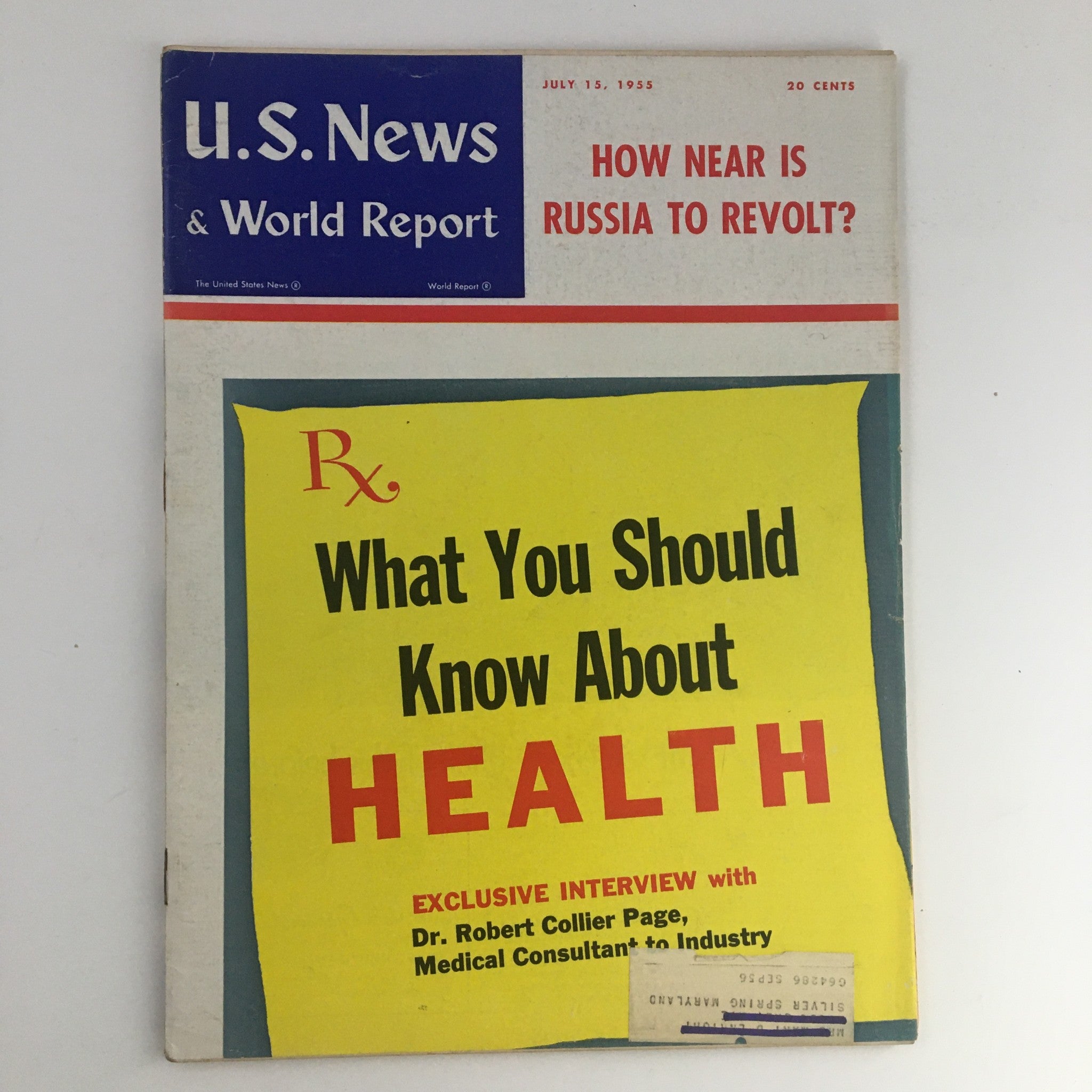 Cover of the vintage magazine U.S. News & World Report dated July 15, 1955, featuring the title 'What You Should Know About Health' with a bright yellow background and text about an exclusive interview with Dr. Robert Collier Page regarding health.