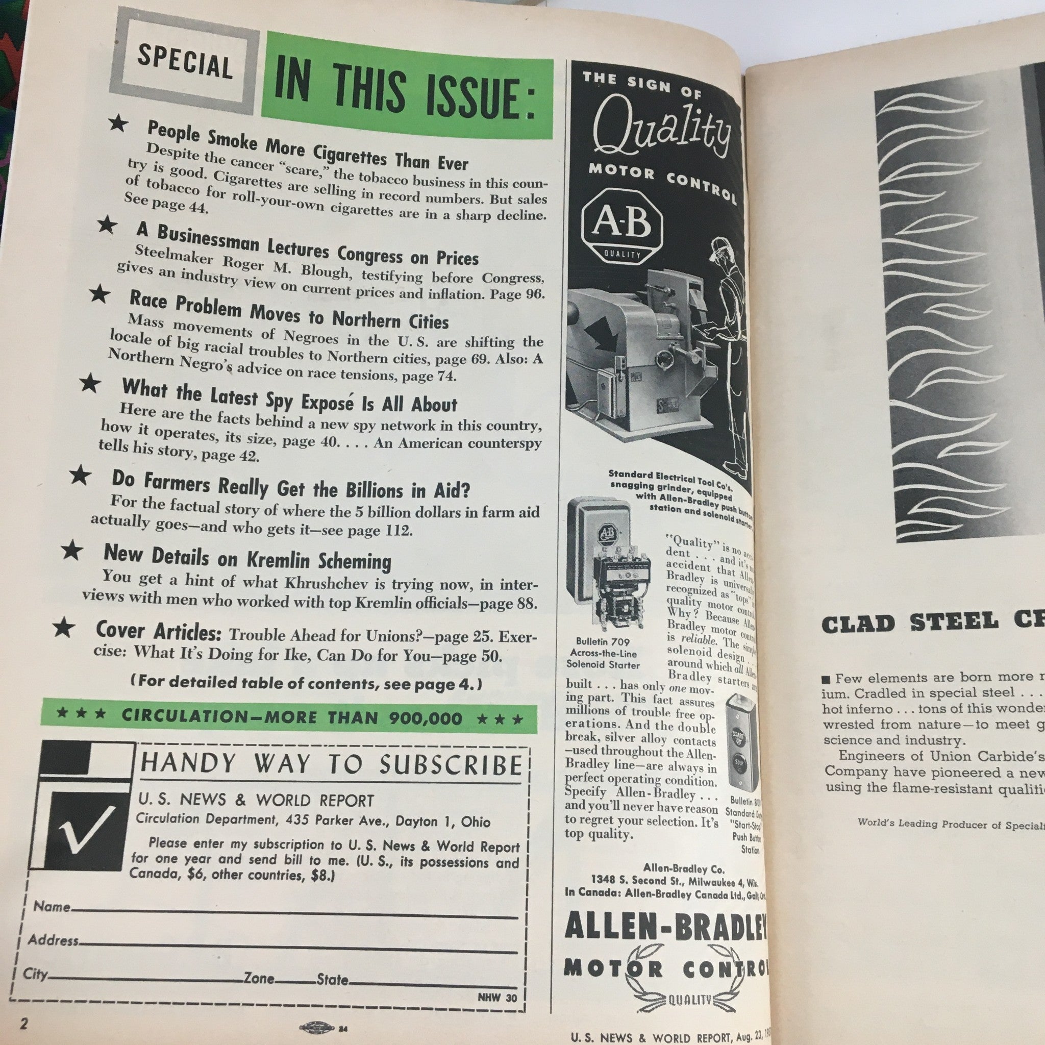 Interior page of VTG U.S. News & World Report August 23 1957 showing the table of contents with topics including smoking rates, Congress, and the economy.