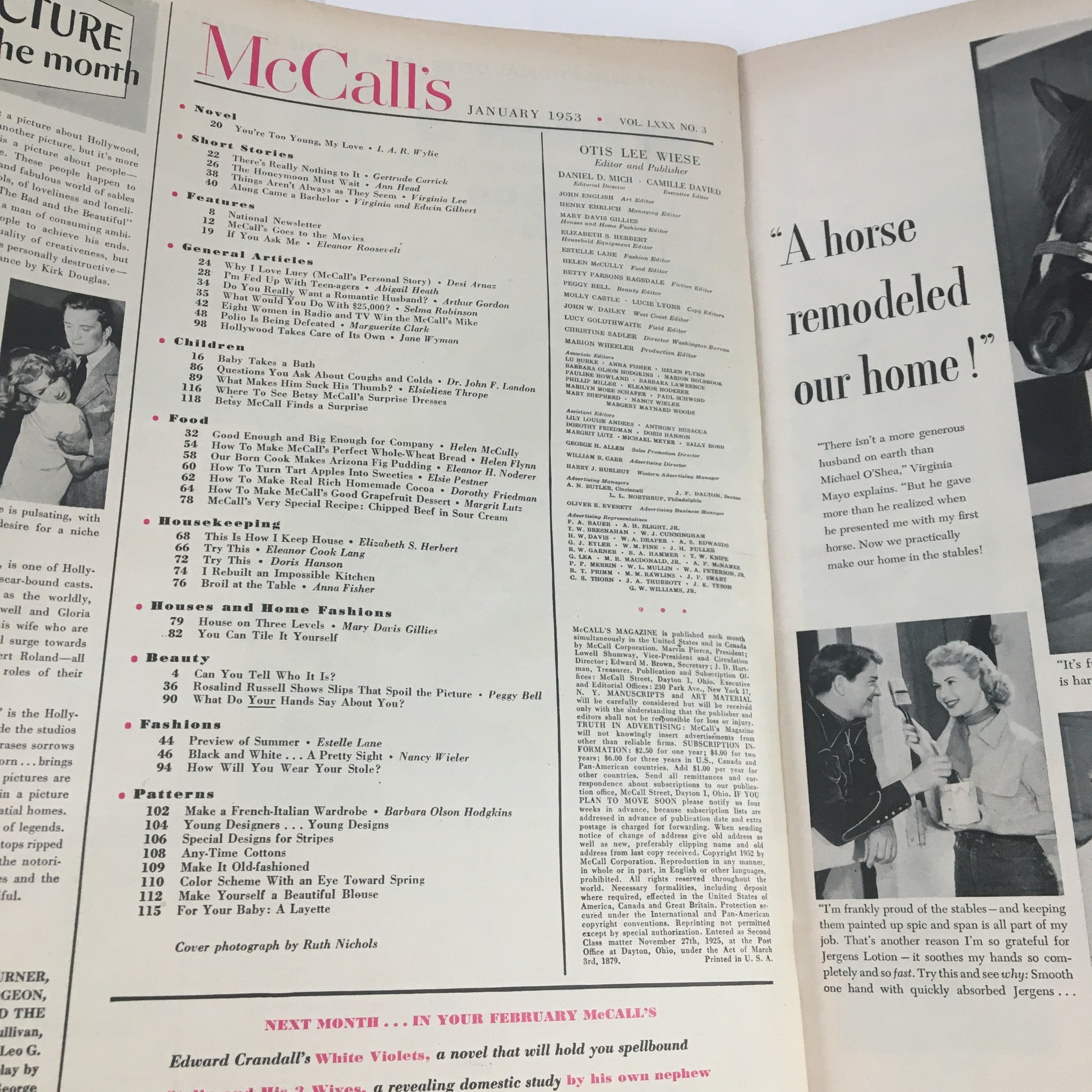Interior pages of VTG McCall's Magazine January 1953 featuring articles and content listings, including 'Mother Speaks Out: I'm Fed Up with Teen-Agers'. The magazine showcases 1950s family dynamics and societal insights.