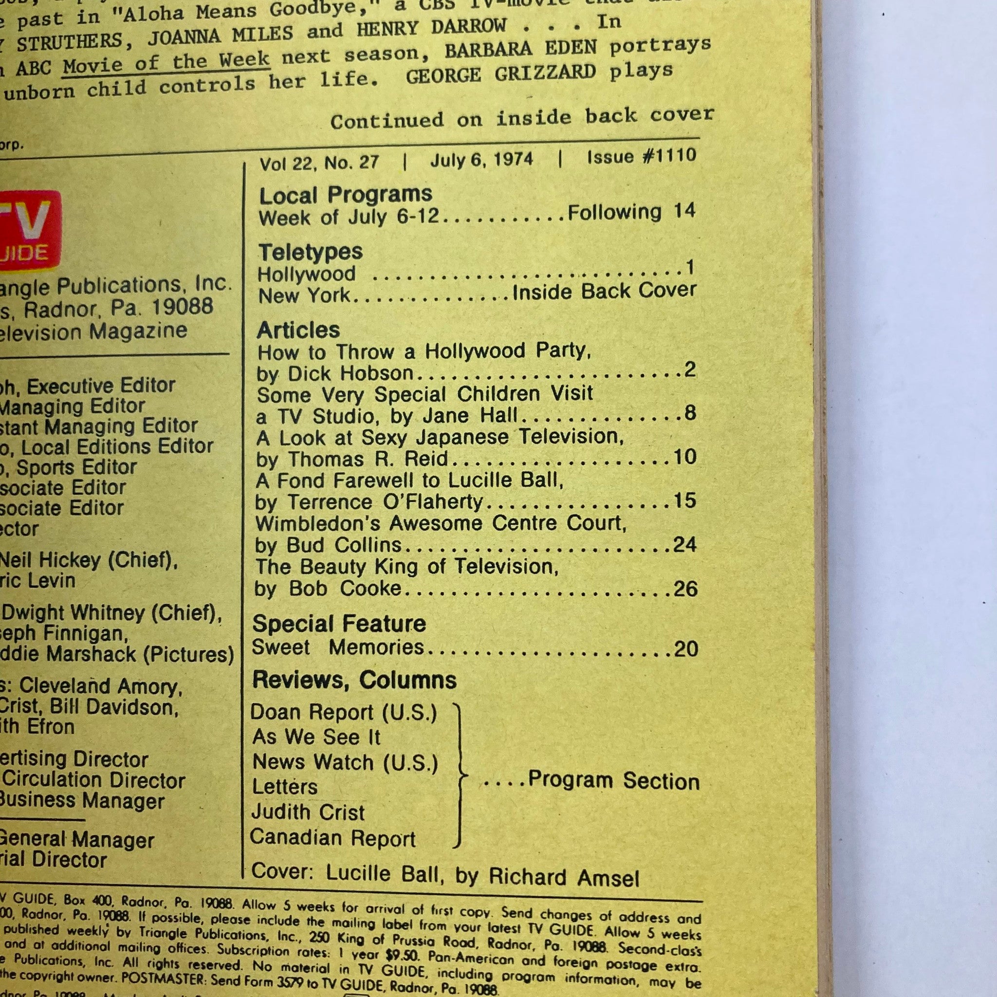 Inside back cover of TV Guide Magazine July 6 1974, Issue #1110, displaying local program listings, articles, and a memorial farewell to Lucille Ball.