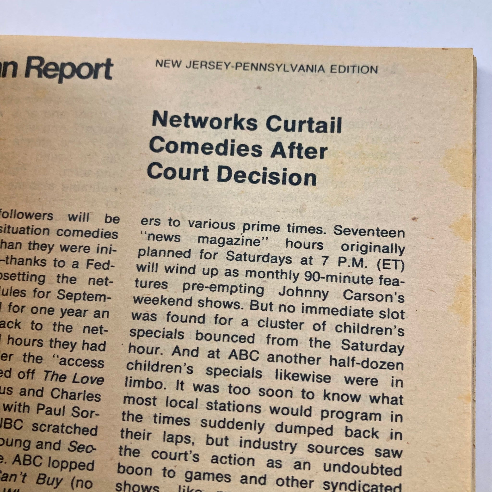 An article from the TV Guide Magazine July 6 1974, Issue #1110, titled 'Networks Curtail Comedies After Court Decision,' discussing television programming changes.