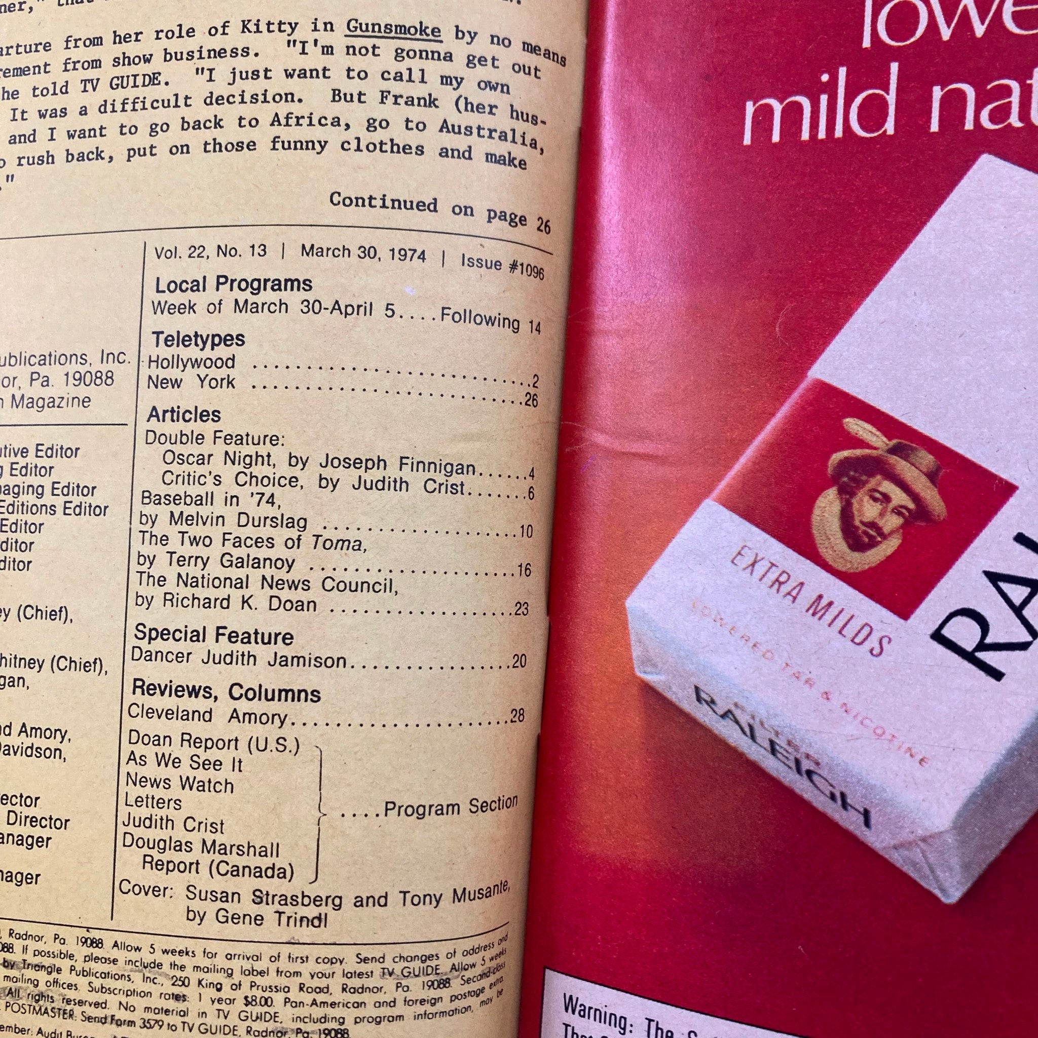 Inside page of TV Guide Magazine March 30 1974 #1096 showing the table of contents and article features, including a double feature on Oscar night.