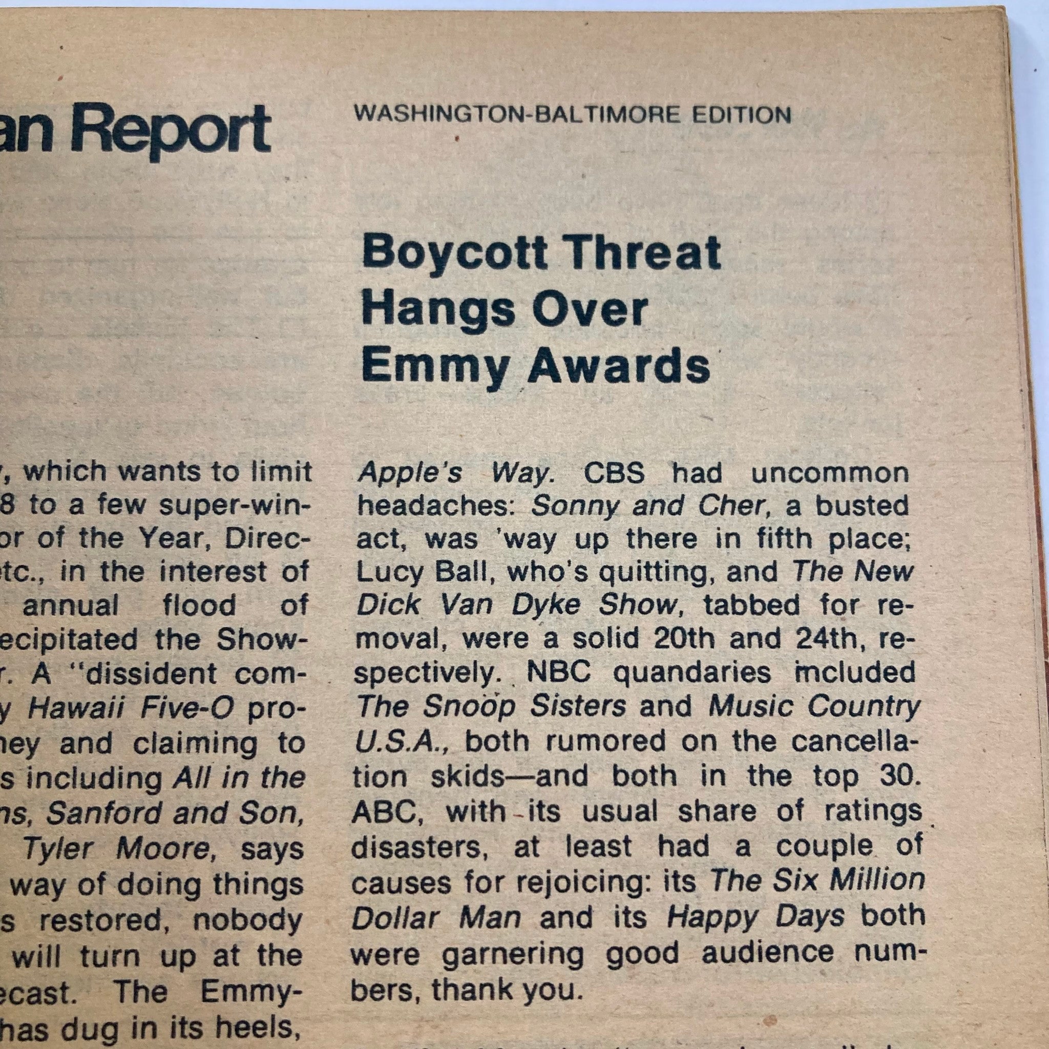 Editorial page from TV Guide Magazine March 30 1974 #1096 discussing the Emmy Awards and programming controversies in the Washington-Baltimore area.