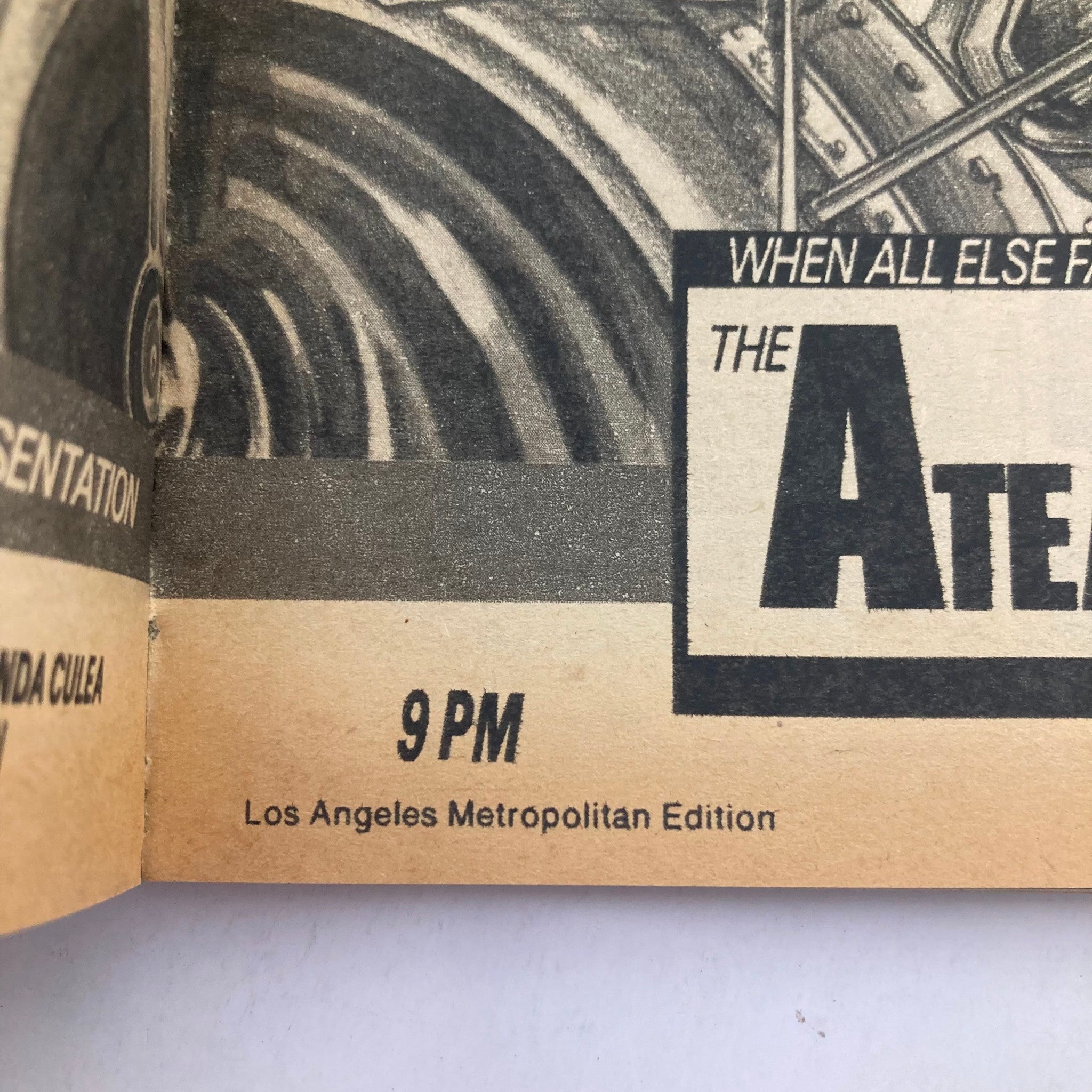 Close-up of a page from TV Guide Magazine January 22 1983 featuring the Los Angeles Metropolitan Edition, displaying the schedule for 9 PM and the title 'The A-Team'. This image illustrates a piece of television history and showcases vintage magazine content.