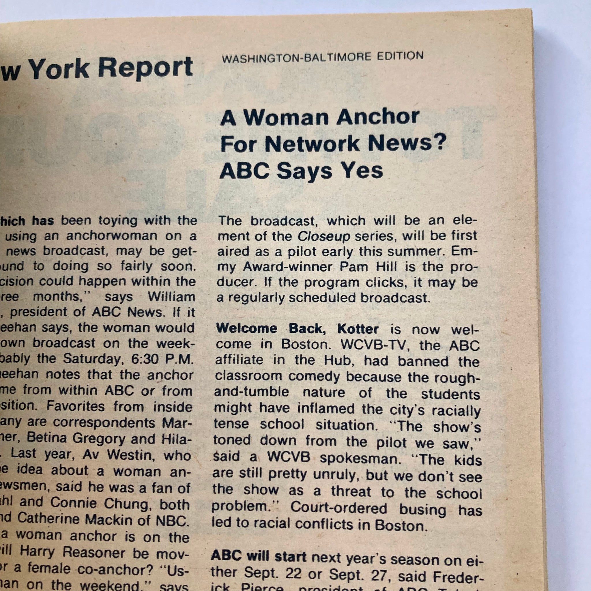 A report in TV Guide Magazine January 17, 1976, discussing the potential for a female anchor in network news, reflecting the evolving media landscape.