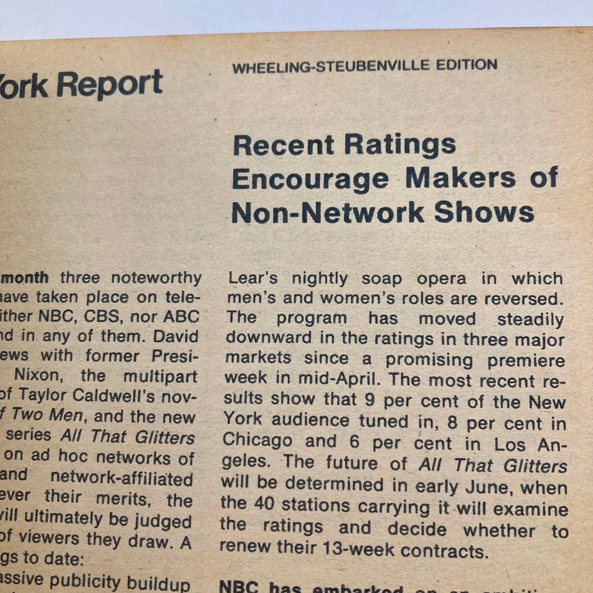 Magazine page featuring an article titled 'Recent Ratings Encourage Makers of Non-Network Shows' from TV Guide Magazine May 28 1977 Robert Blake Wheeling-Steubenville Edition, discussing television ratings and programming.