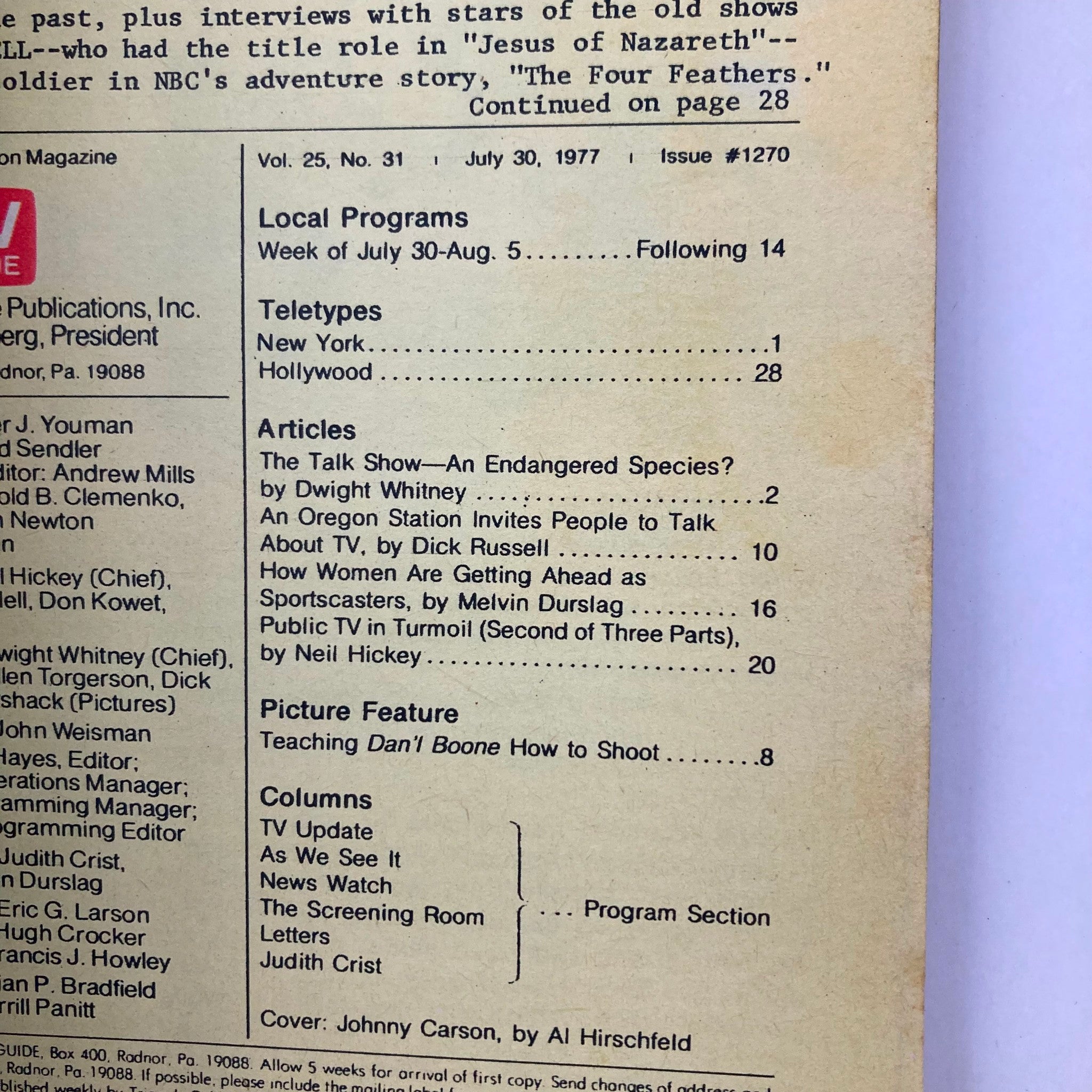 Inside page of TV Guide Magazine July 30 1977, Issue #1270 detailing local program listings and articles, including 'The Talk Show—An Endangered Species?'