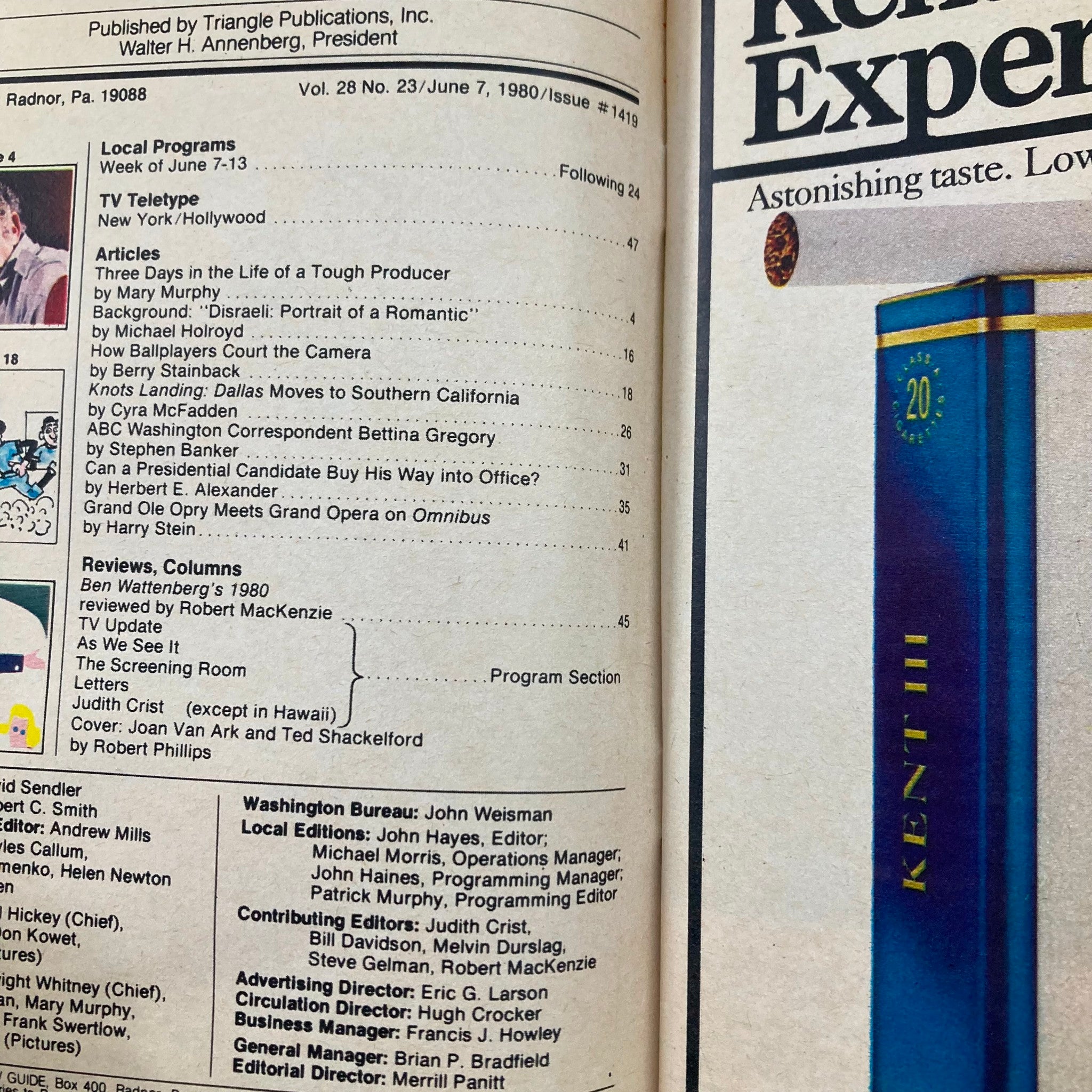 Interior page of TV Guide Magazine dated June 7 1980, Issue #1419, displaying articles and reviews, including a feature on Joan Van Ark and Ted Shackelford from the show Knots Landing.