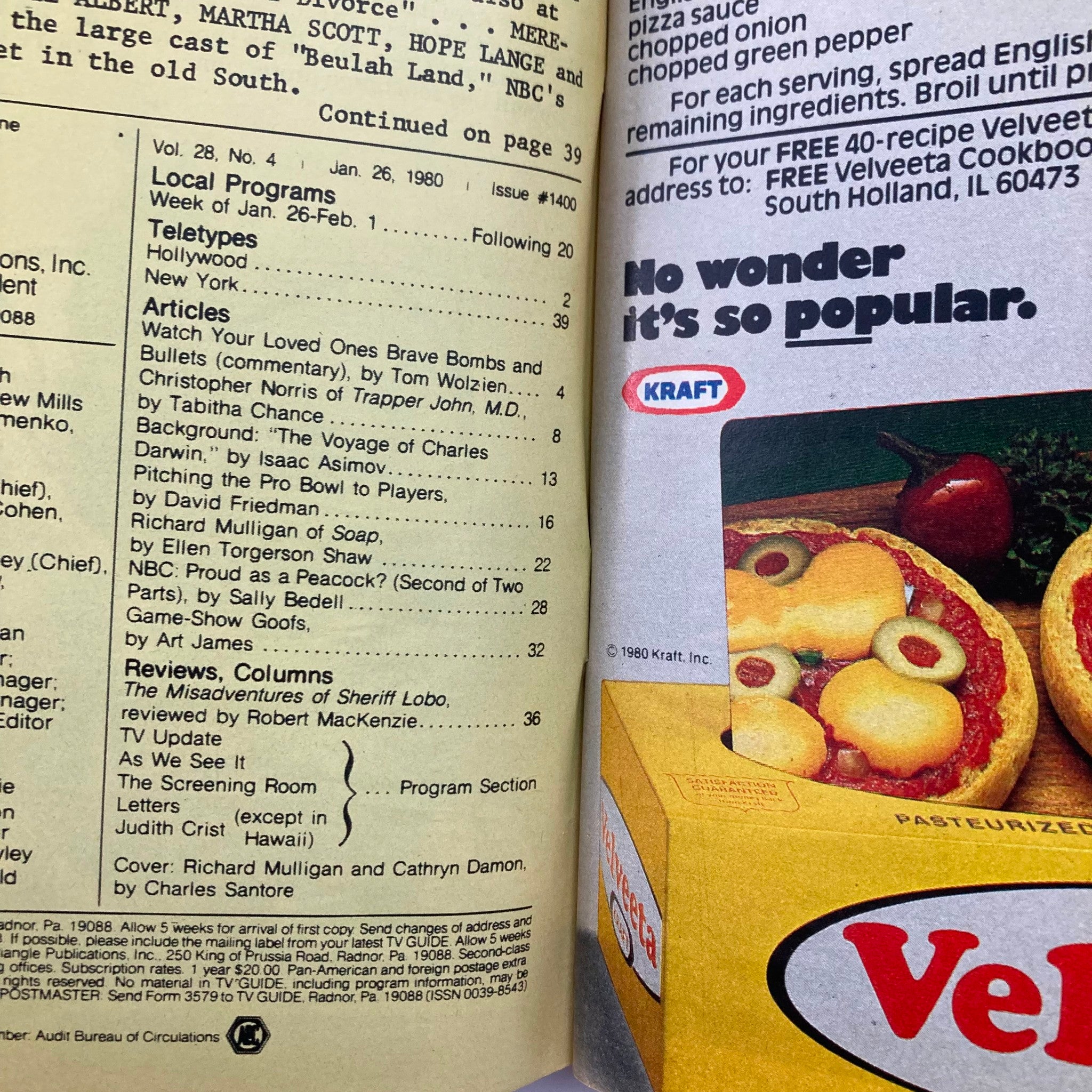 Interior page of TV Guide Magazine January 26 1980 #1400 displaying local programs and articles, including Richardson Mulligan of the soap opera, details about the issue.