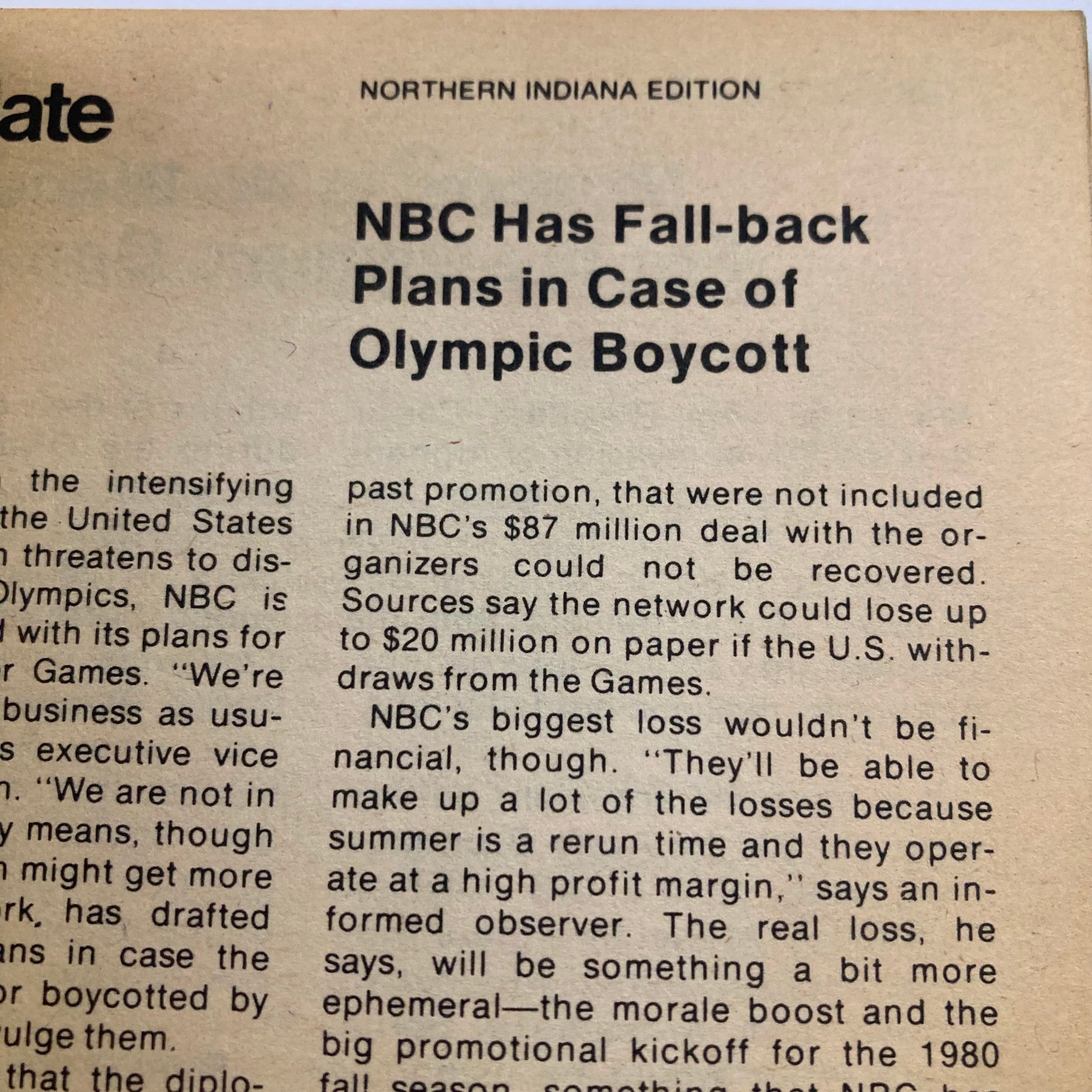Northern Indiana edition snippet from TV Guide Magazine January 26 1980 #1400 discussing NBC's backup plans in case of Olympic boycott.
